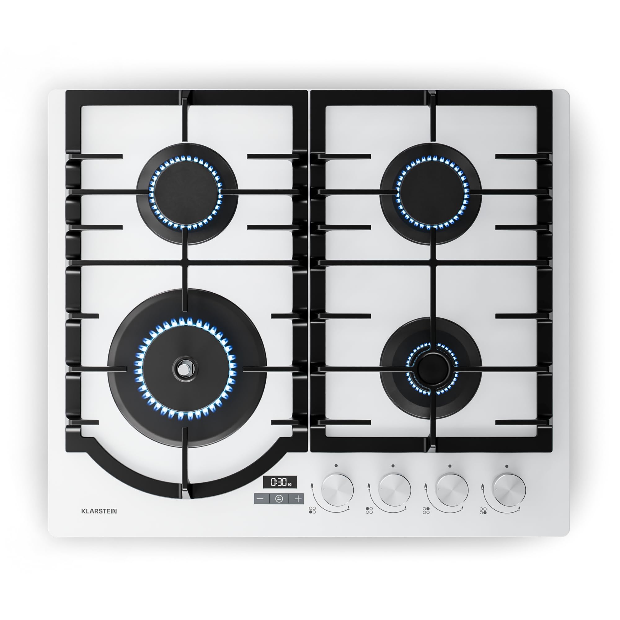 Klarstein Ignito Plaque de Cuisson Gaz, 4 Brûleurs Aluminium, 8000W, Minuterie, Sécurité Flamme, Fonte, Allumage Électrique, 60x51cm, Plaque Gaz GPL & Naturel, Blanc