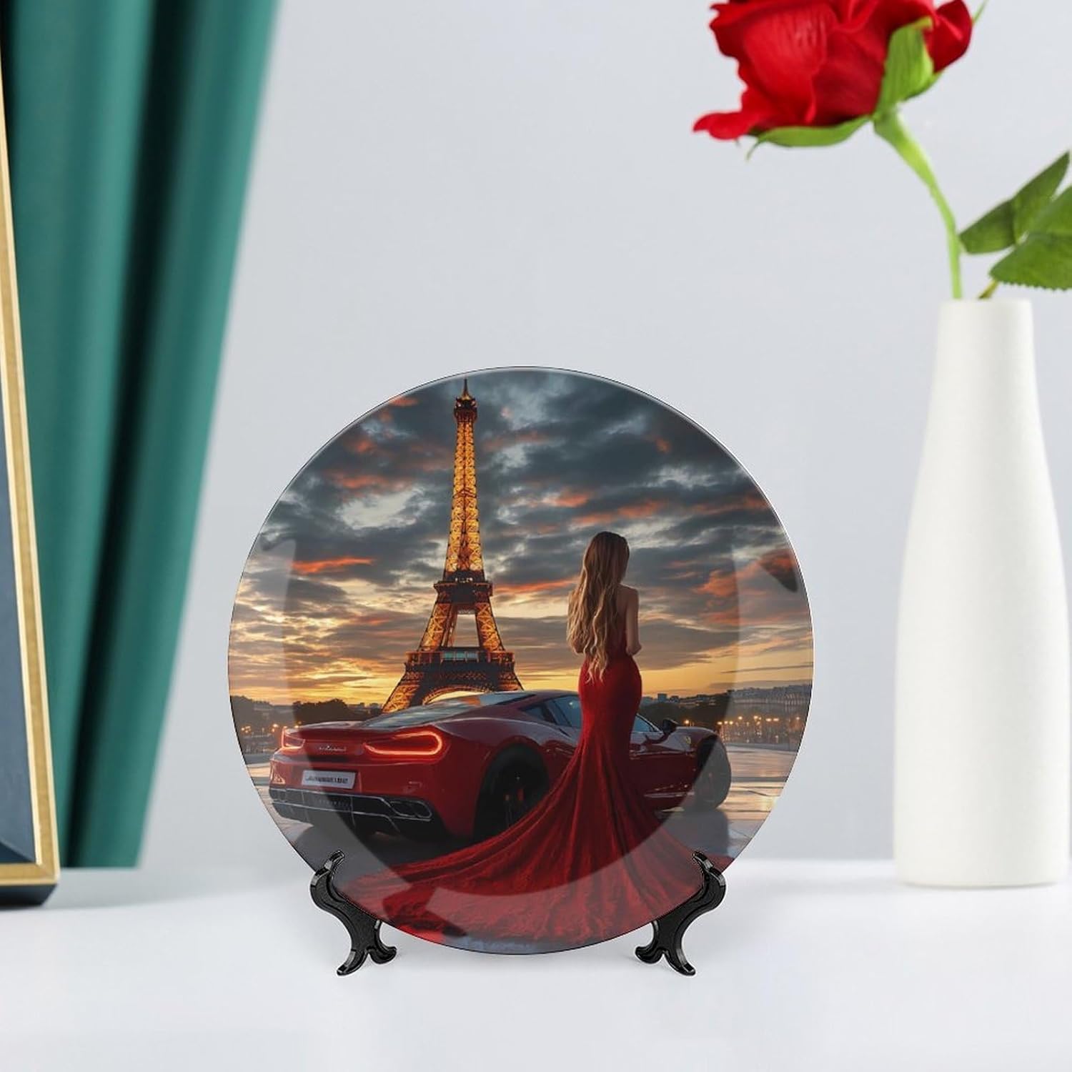 Paris Eiffel Tower Women Bone China Decorative Plate with Stand Home Dessert Plates Gift for Men Women 7inch