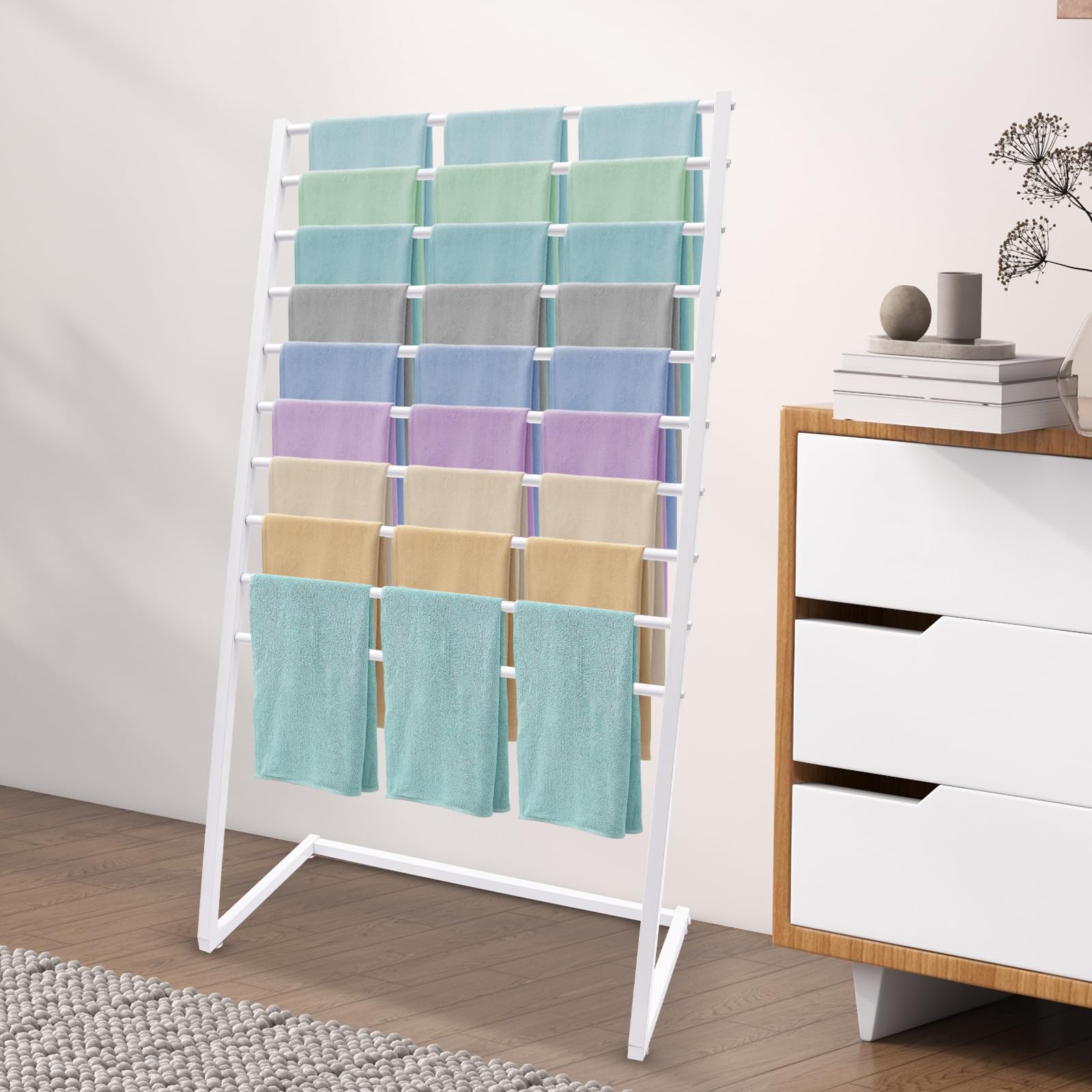 pijopang 10 Tier Metal Scarf Holder Organizer, 32in Freestanding Display Stand Scarf Display Stand for Commercial Clothing Retail Store Towel Rack Ties Belt Pants Hanging Rack-White