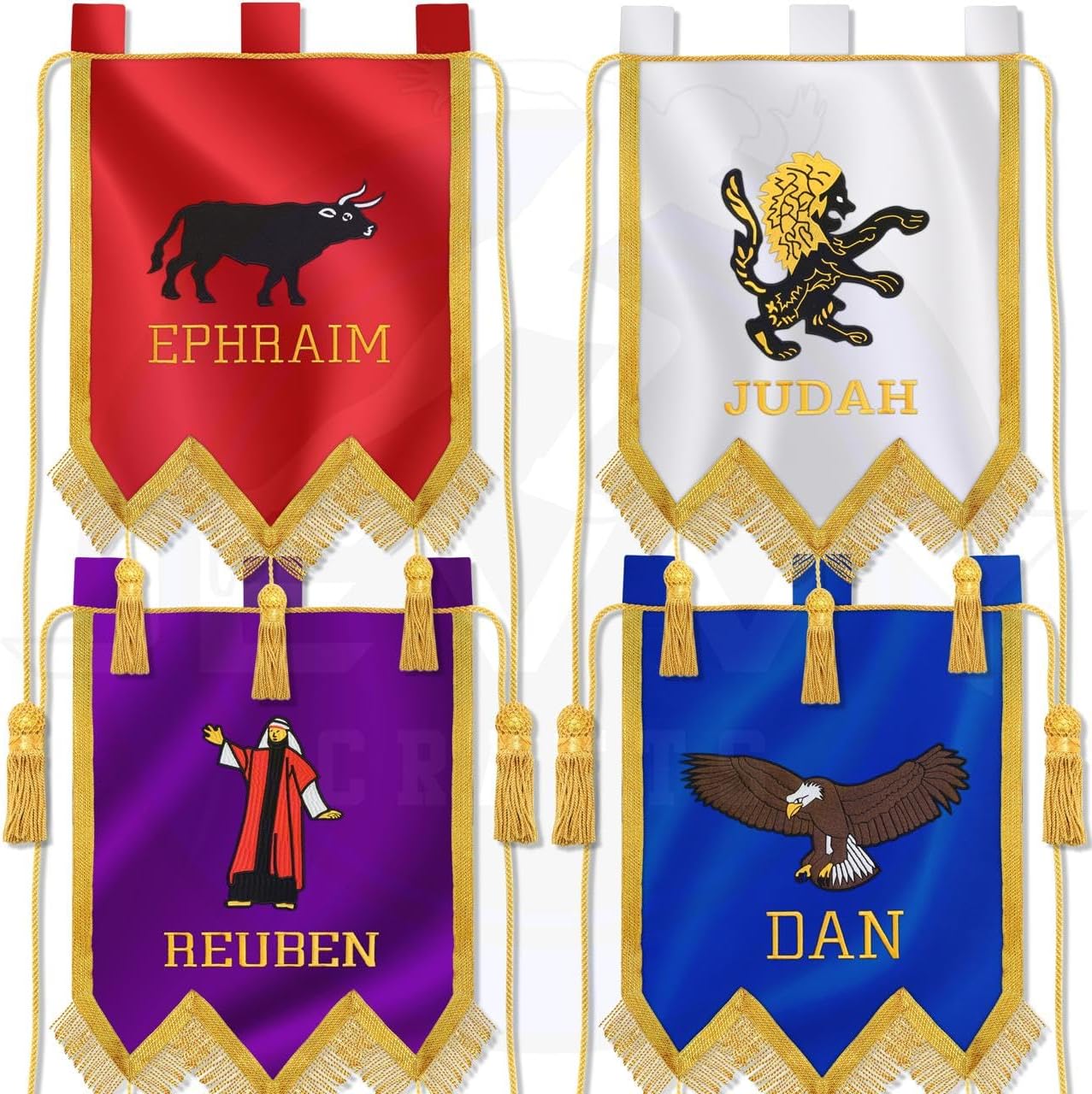 Masonic Royal Arch Veil Banners – 4-Piece Set (Judah, Ephraim, Dan, Reuben) – Silk Satin with Gold Fringe, Tassels & Embroidery – Ceremonial Lodge Display Flags