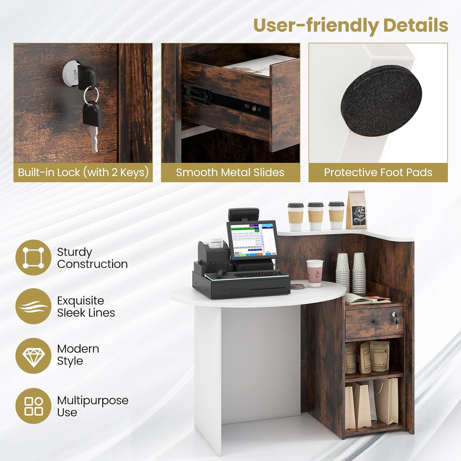 Close-up details of the built-in lock with keys, smooth metal drawer slides, and protective foot pads.