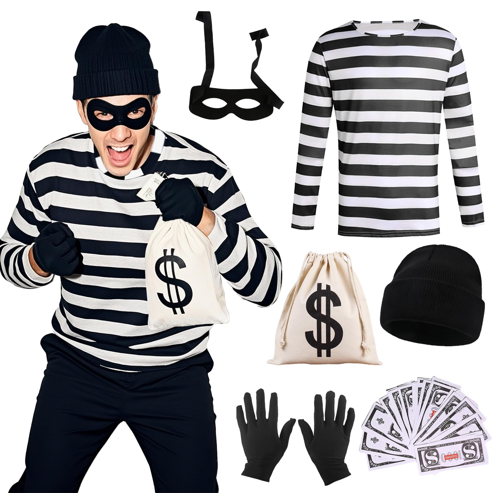 Adults Burglar Costume, Robber Fancy Dress Costume Set, Adult Robber Thief Outfits with Black and White Striped Top Eye Mask Gloves Canvas Bag Hat for World Book Day Cosplay Halloween Party (XXL)