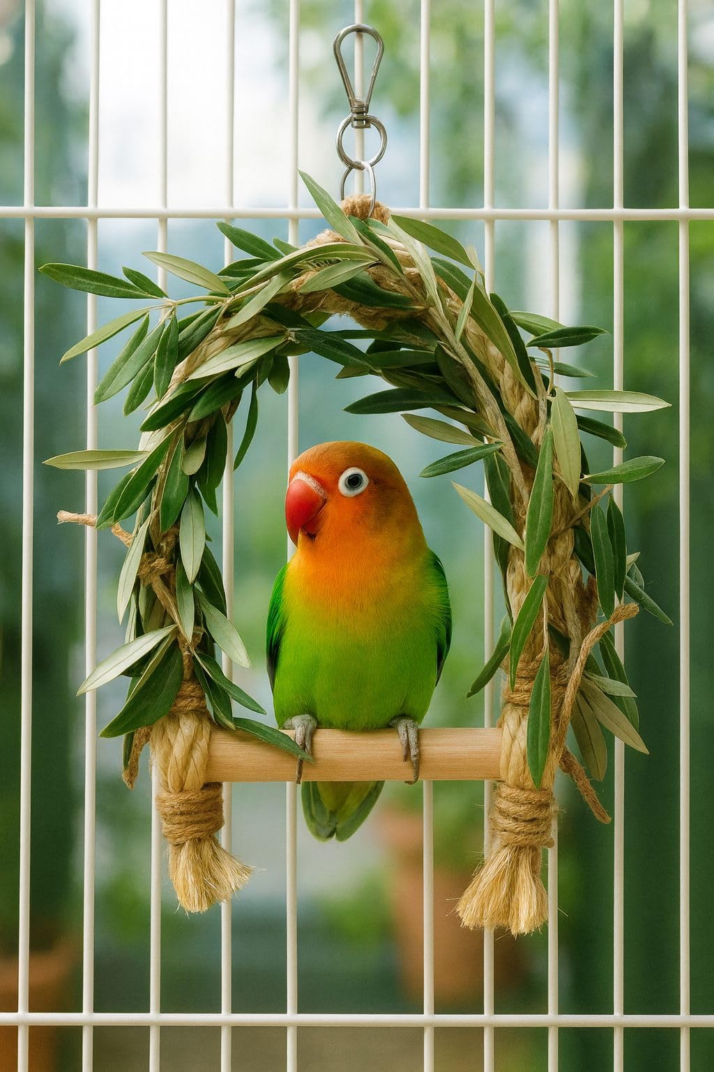 Columpio agapornis Cuerda de sisal Forrada en Olivo Fresco para Aves Exóticas Entretenimiento y descando Duradero Incluye Ramas de Olivo para Bandeja.Probado con agapornis Reales