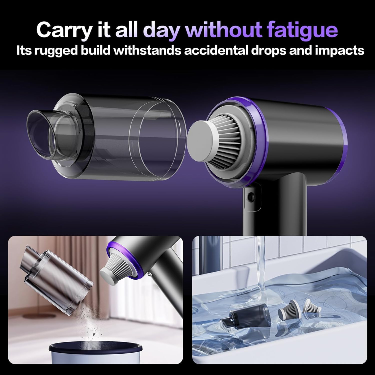 Cordless Car Vacuum Cleaner, Handheld Vacuum with 100-Level Adjustable Suction, High Power Portable Vacuum for Car & Home, Quiet Rechargeable w/Type-C Fast Charge, Blower & Light