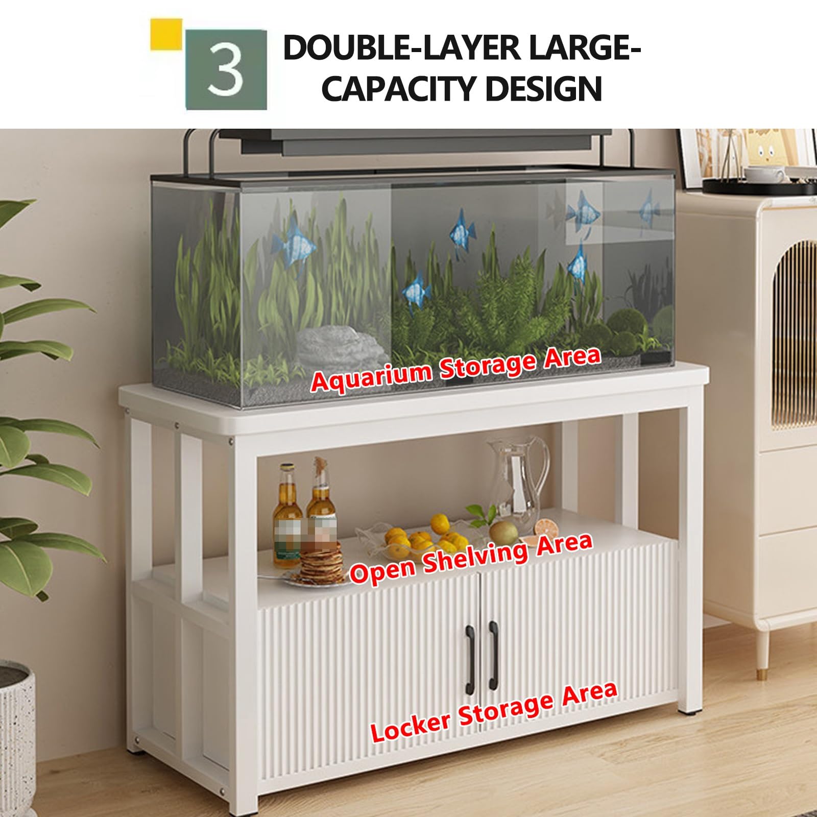 Aquariumständer mit Aufbewahrungsschrank, 2-stöckiger Aquariumständer, starke Tragfähigkeit, Terrarium Reptilien-Tankregal mit Tür, für Wohnzimmer, Büro