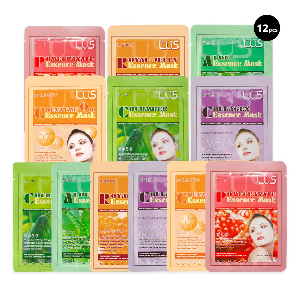 Lus Essence Facial Face Masks Paper Sheets Korea Skin Care Moisturizing 12 PCS (Mix - 2 of Each) - Collagen, Aloe, Coenzyme, Cucumber, Arbutin, Royal Jelly