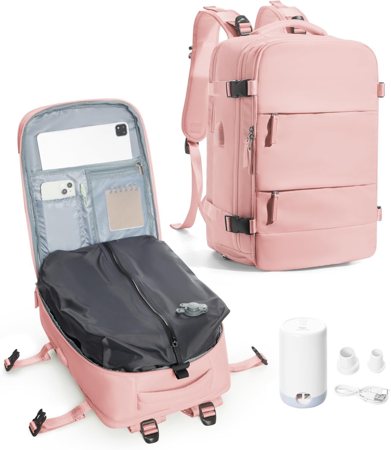 VENATIN Travel Backpack for Women, Waterproof Backpack, Travel Bag for Personal Effects, Airplane Suitable, with Shoe Compartment and Wet Bag, Travel Utensils, G2-pink