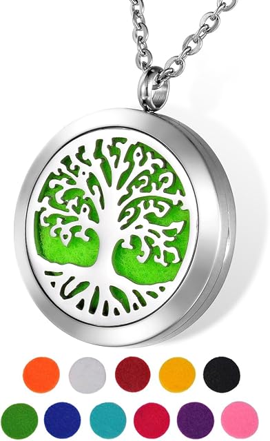HOUSWEETY Aromatherapy Essential Oil Diffuser Necklace, Stainless Steel Hollow Tree of Life Pendant with 24" Chain + 11 Felt Pads