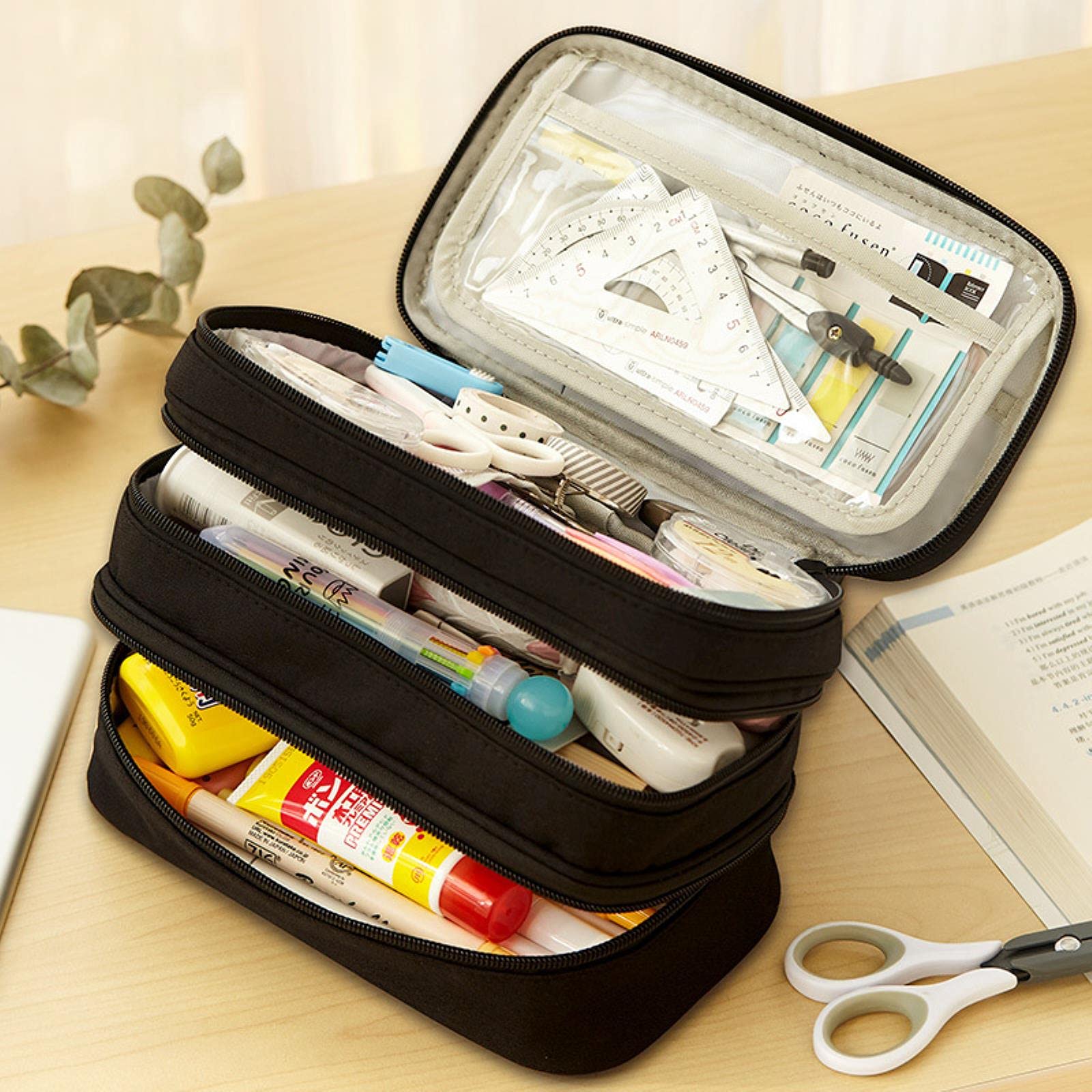 Astuccio per Matite 3 Strati Penna Sacchetto Matita Cassa Multi Storage Grande Maniglia Busta Organizzatore per Cartoleria Viaggio Cosmetico Spazzole Viaggio