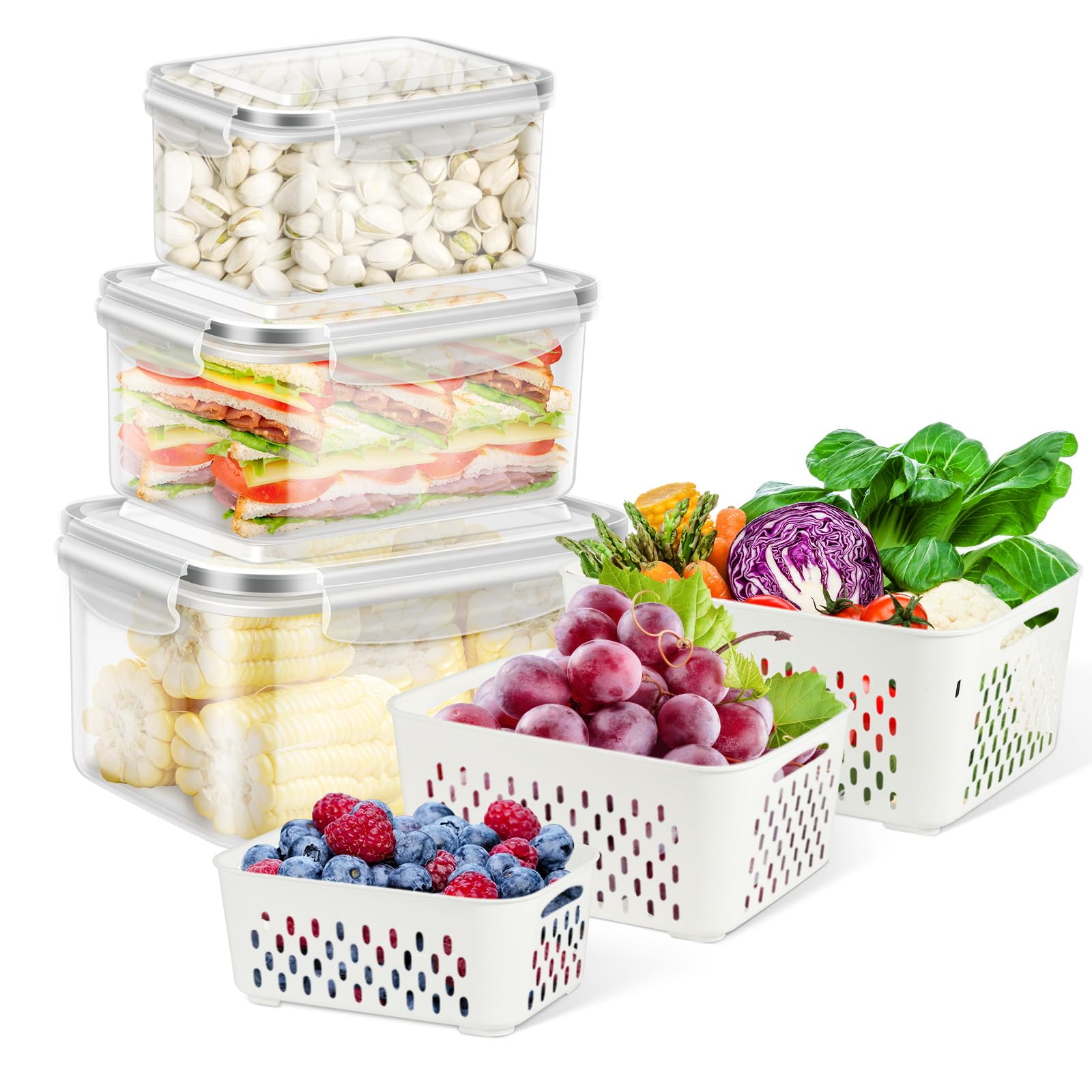 8 Pieces Airtight Fruit Storage Containers for Fridge with Air Circulation Vent, 4 Pack Round Produce Saver with Colander for Berry Lettuce Salad Vegetable Storage, Refrigerator Organizers -White