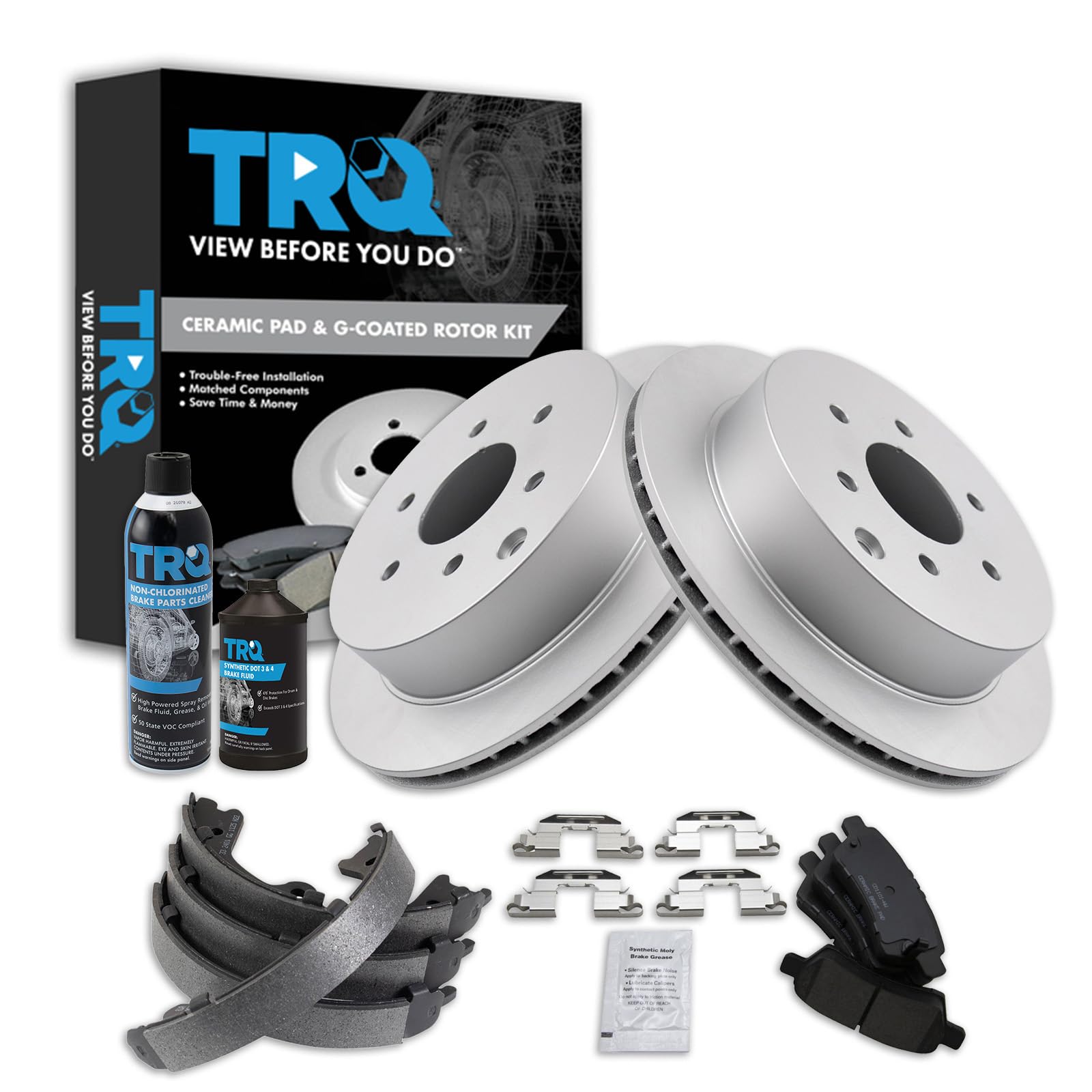 TRQ Rear Brake Pad &amp; Rotor Kit, with Chemical Kit Parking Brake Shoe Set Ceramic Premium G-Coated Compatible with 2006-2007 Nissan Xterra