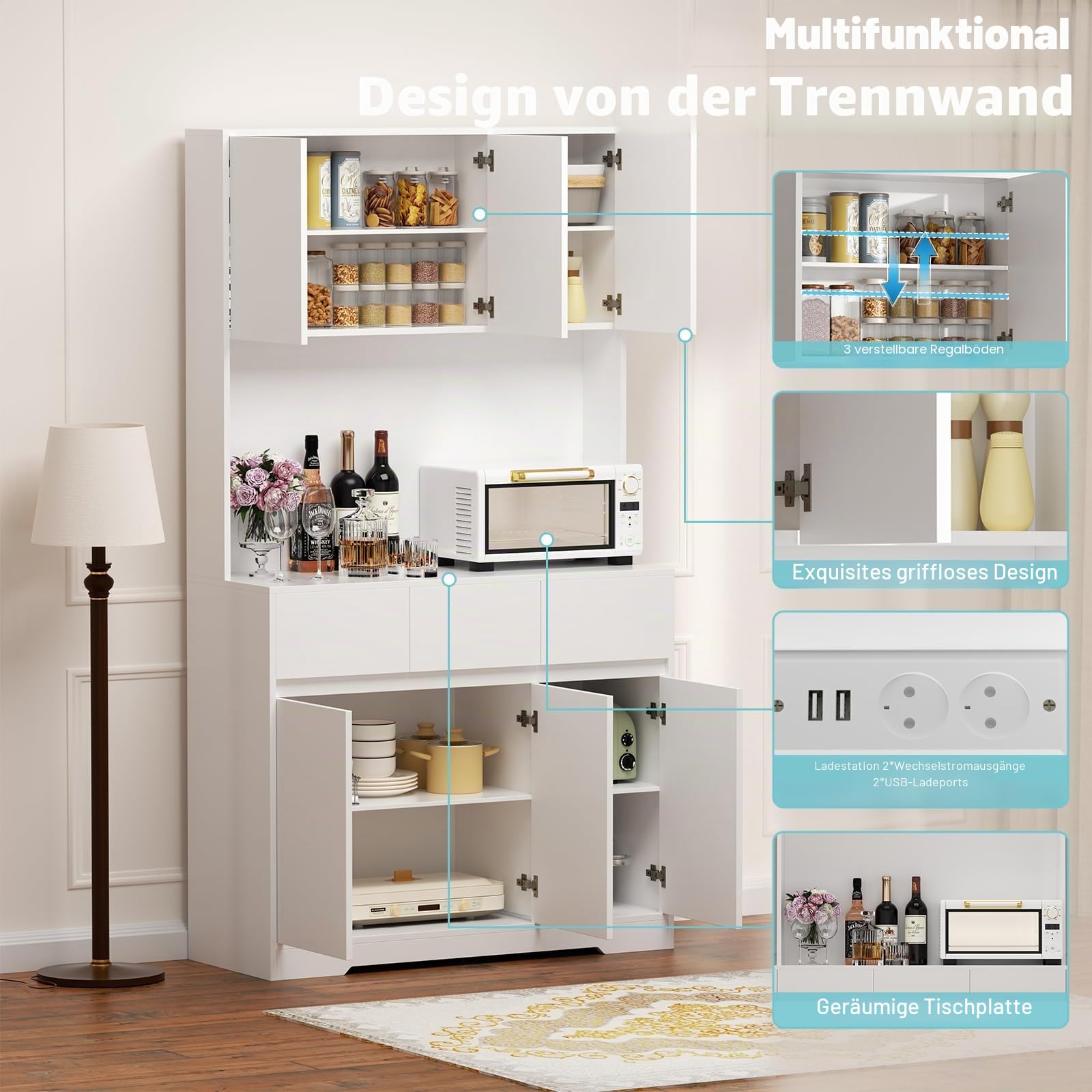Küchenschrank mit Arbeitsplatte, Buffetschrank mit 4 Steckdose und DIY LED-Beleuchtung, 170cm Küchenschränke, Sideboard mit Schubladen, Vorratsschrank für Küche, Wohnzimmer, Schlafzimmer