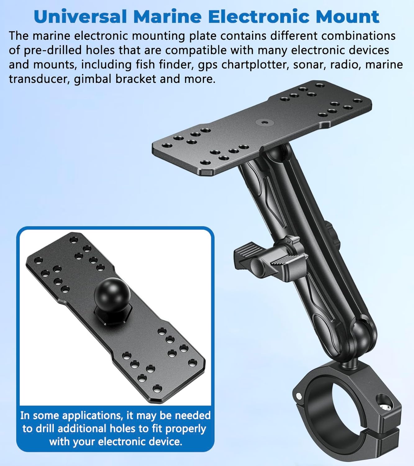 Aluminum Alloy 1" Ball Fish Finder Mount, 5.9" Long Arm Marine Electronic Mount with Bar Clamp Base, Fit 1.5" 1.65" 1.75" 1.85" 2" Round Rail, for Garmin, Lowrance, Humminbird, Raymarine