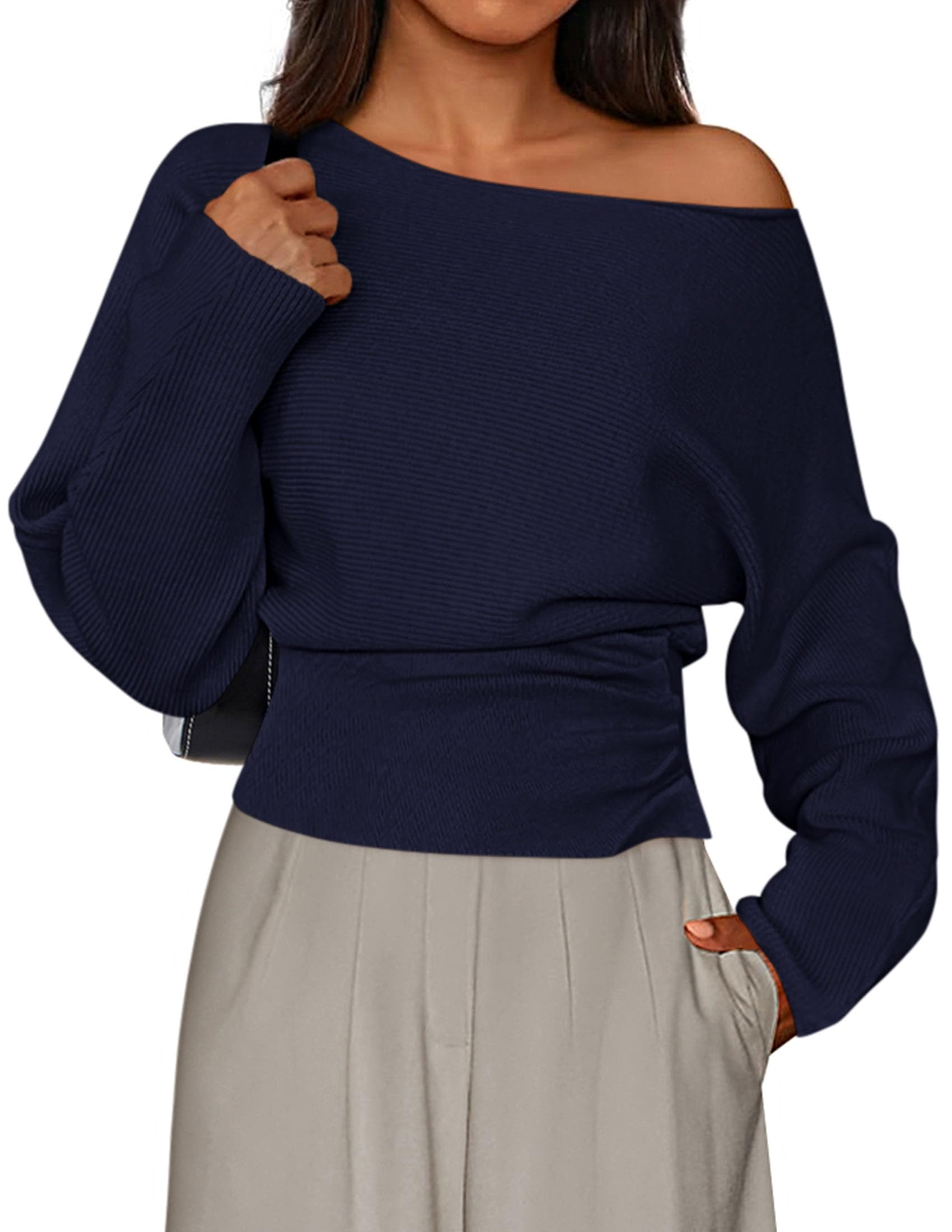 PRETTYGARDEN Women Off The Shoulder Sweater 2026 Fall Trendy Long Batwing Sleeve Knit Pullover Going Out Tops Winter