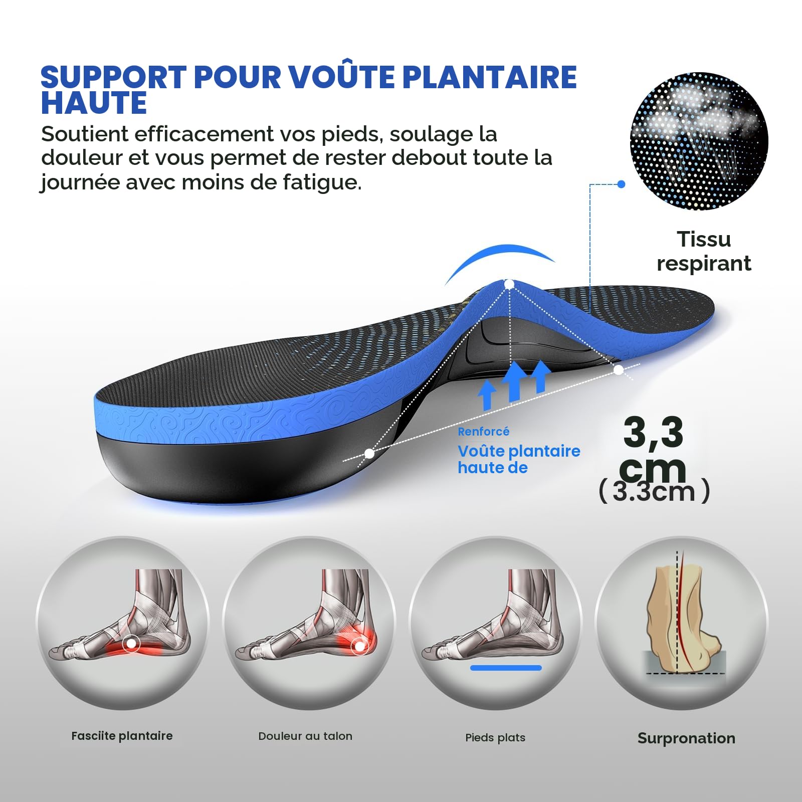 Fasciite plantaire travail haut arc semelles - Welnove 220 + LB Heavy Duty semelleS pour soulager la douleur au pied flat foot, semelles orthopédiques pour la plupart des chaussures hommes femmes (L)