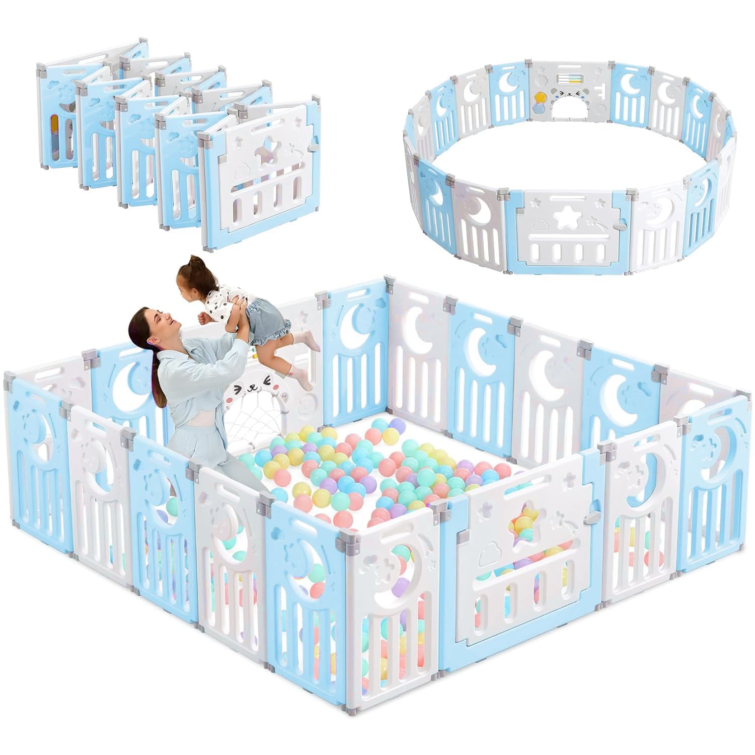 Moonmen Baby Playpen, Upgrade Foldable Kids Activity Centre Safety Play Yard Home Indoor Outdoor Baby Fence Play Pen NO Gaps with Gate for Baby Boys Girls Toddlers (18 Panel, Light Blue + White)