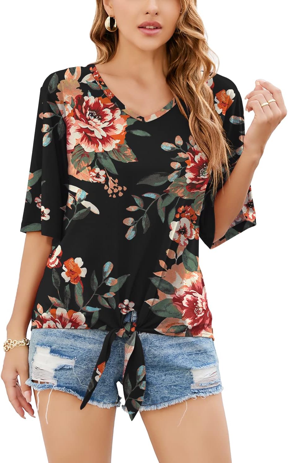 SUEANI Women’s Tie Front Tops Summer V Neck 3/4 Bell Sleeve Twist Knot T Shirts