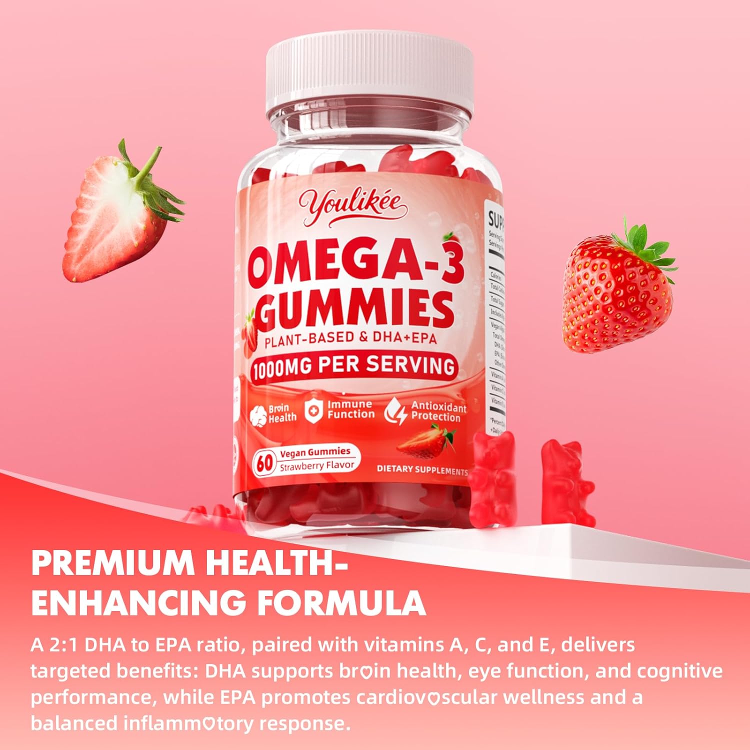 Vegan Omega-3 Gummies 1000mg, Omega 3 Fish Oil Alternative for Adults, Plant Based DHA 460mg & EPA 230mg w/Vitamin A, C, E - for Brain, Eye & Immune Health, Sugar Free, Strawberry Flavor, 60 Count - Image 5