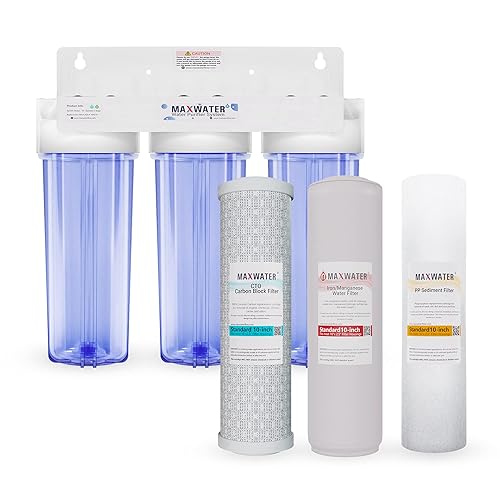 Max Water Sistema de filtro de agua de manganeso de hierro estándar de 3 etapas de 10 pulgadas para toda la casa Sedimento + Manganeso de hierro +