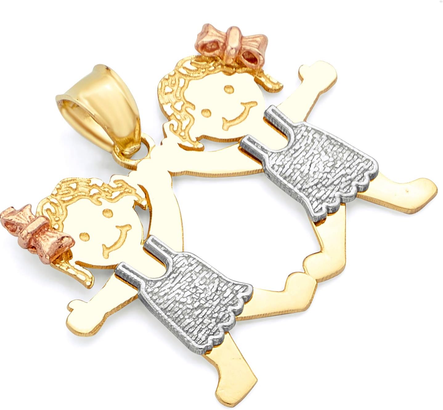 GoldenMine 14k Tri Color Gold Girl-Girl Pendant (Size : 22 x 28 mm)