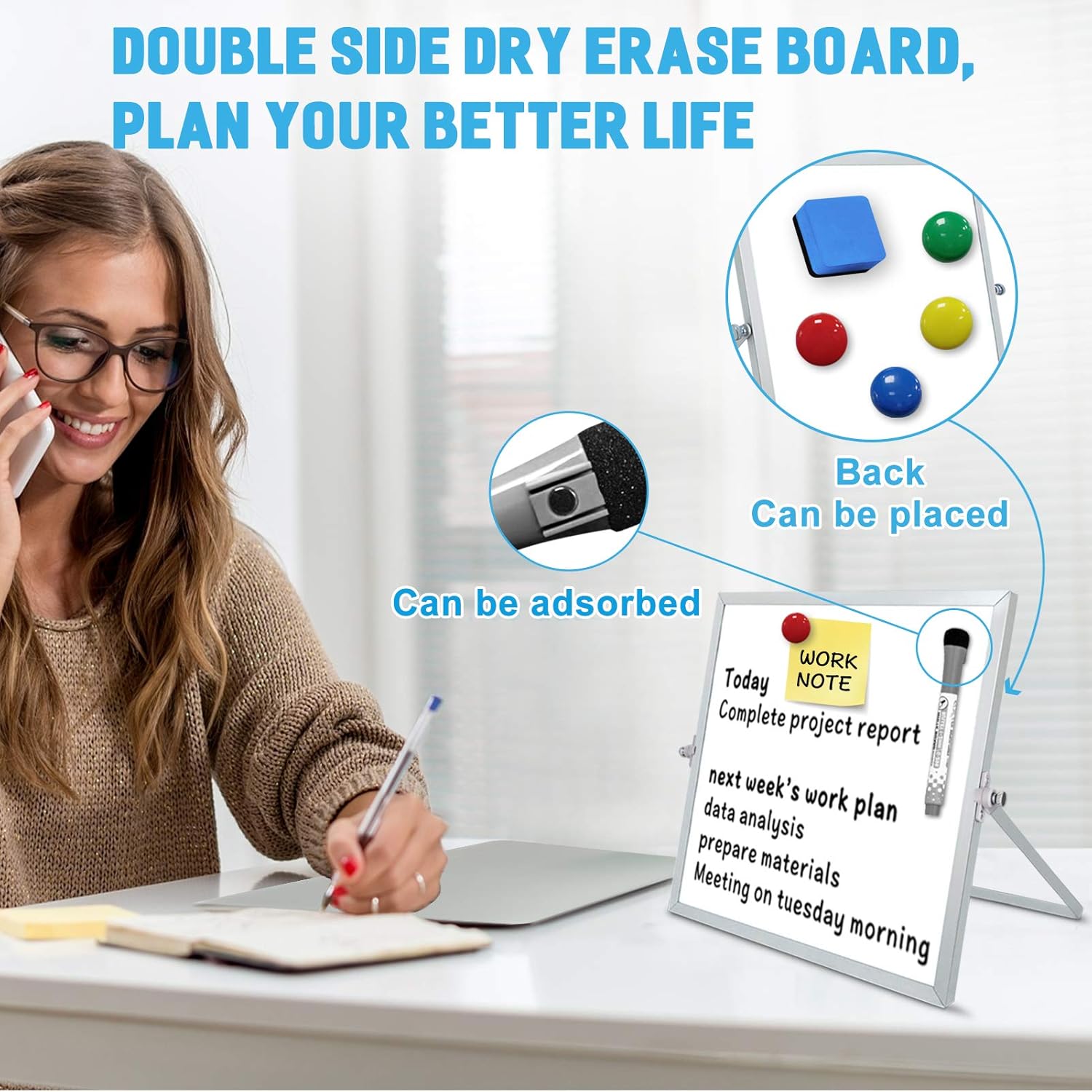 Small Dry Erase White Board, 10" X 10" Double Sided Desktop Whiteboard, Portable Magnetic Tabletop Erase Board for Kids Drawing, Teaching, Memo, Office, Home, School Magnetic White Board : Office Products