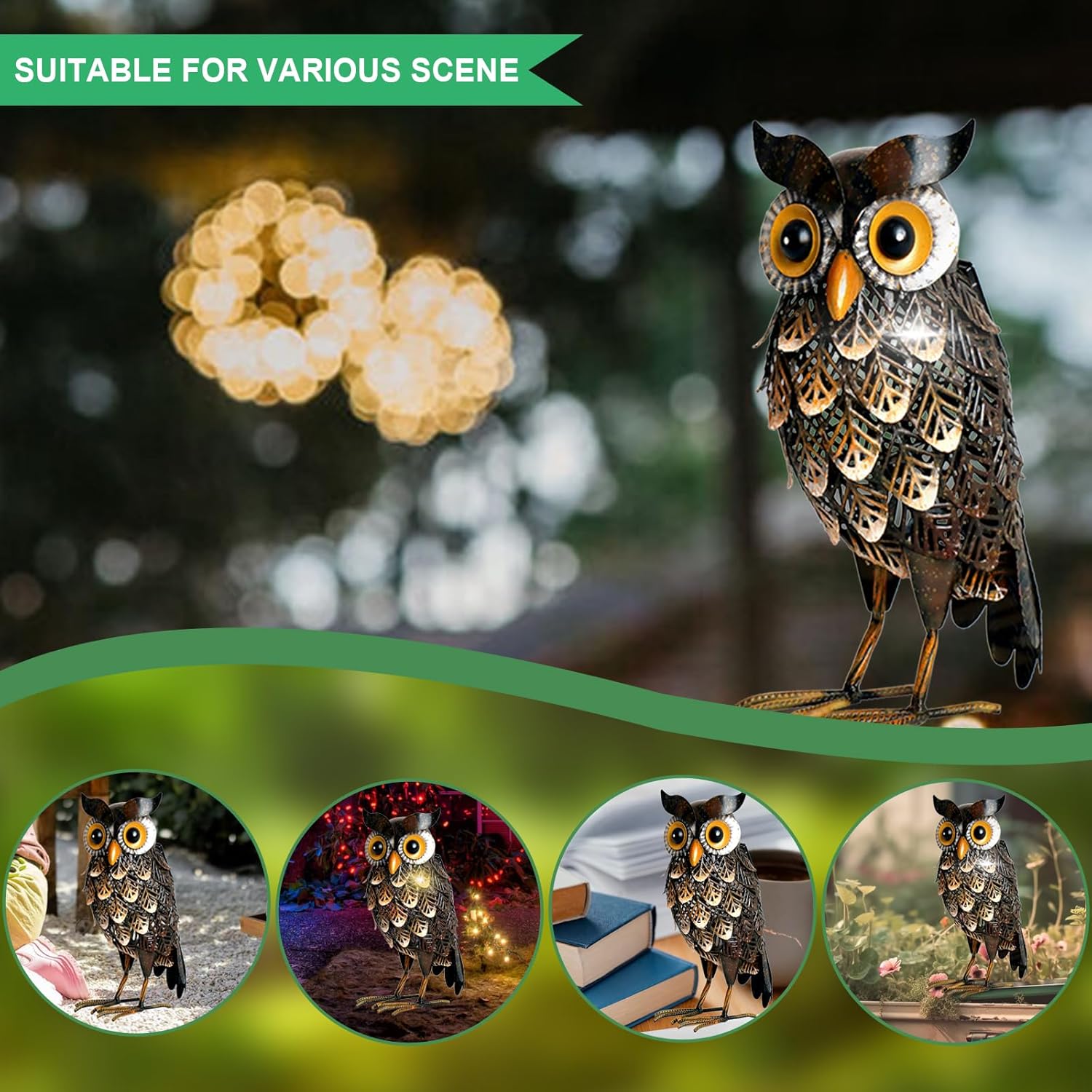 Shorayn Garden Statue Metal Owl Yard Art Outdoor Decor with Solar LED Lights for Patio Lawn Decoration Great Gifts - Image 9