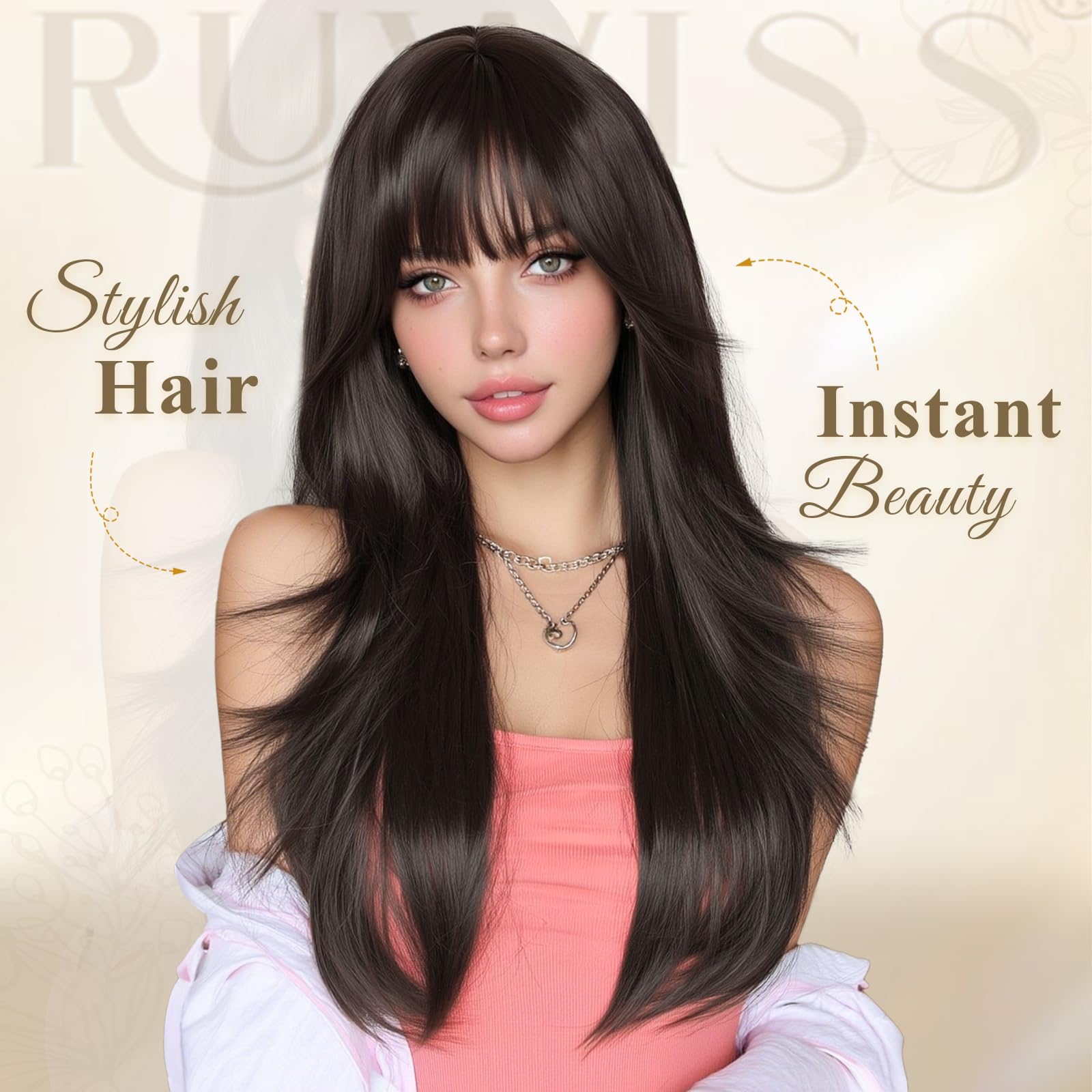 RUWISS Perruque pour Femmes Longue avec Frange, 65cm Naturelle Layered Perruques Raccord Visage Cheveux Synthétiques Naturels Résistantes pour Usage - Rose