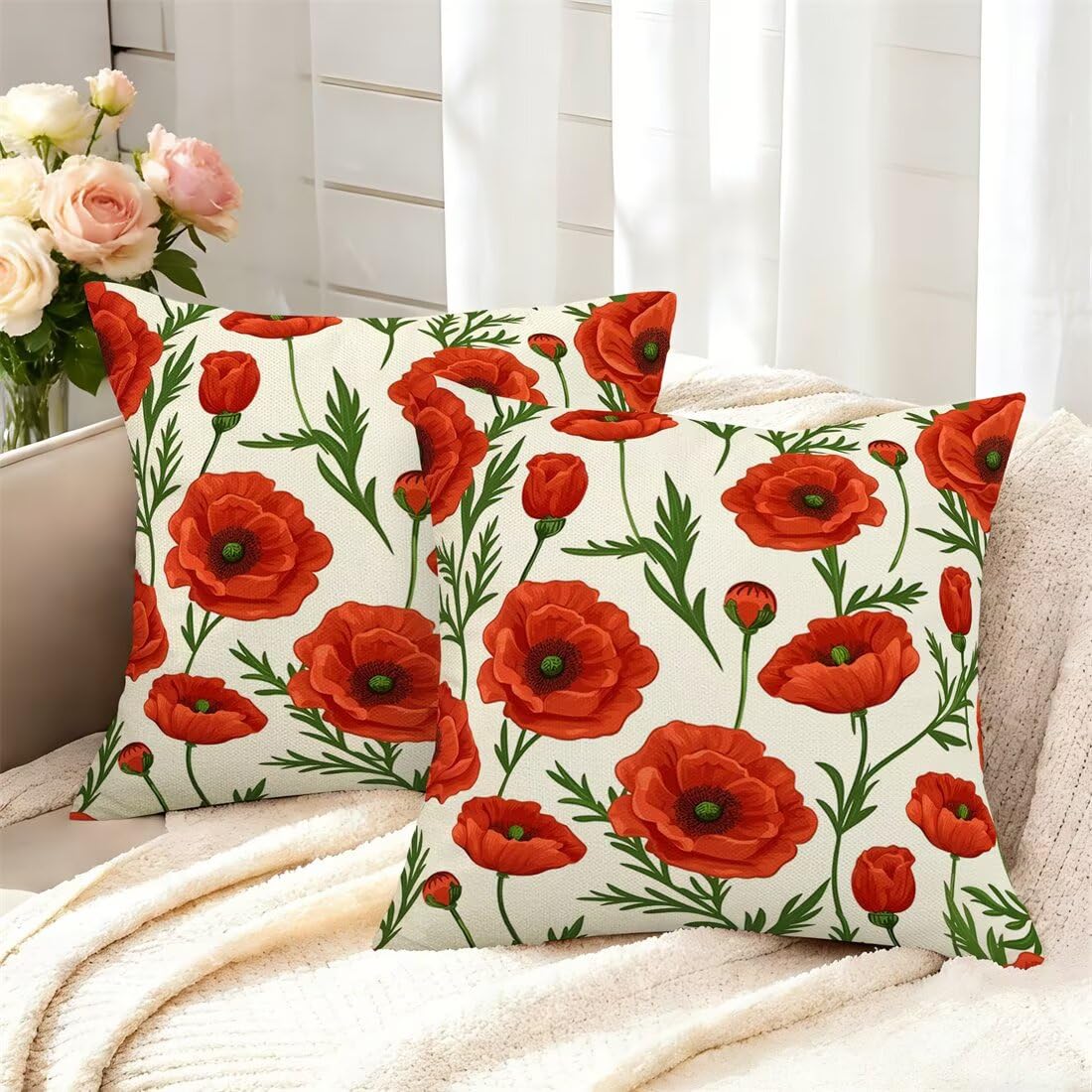 Wangllpgy Poppy Flower Cushion Covers 35Cm X 35Cm Set Of 2 Throw Pillow Covers Flowers Pillow Cases Autumn Sofa Cushions Decorative Pillows With Invisible Zipper Pillowcases For Bedroom Living Room -Gy456