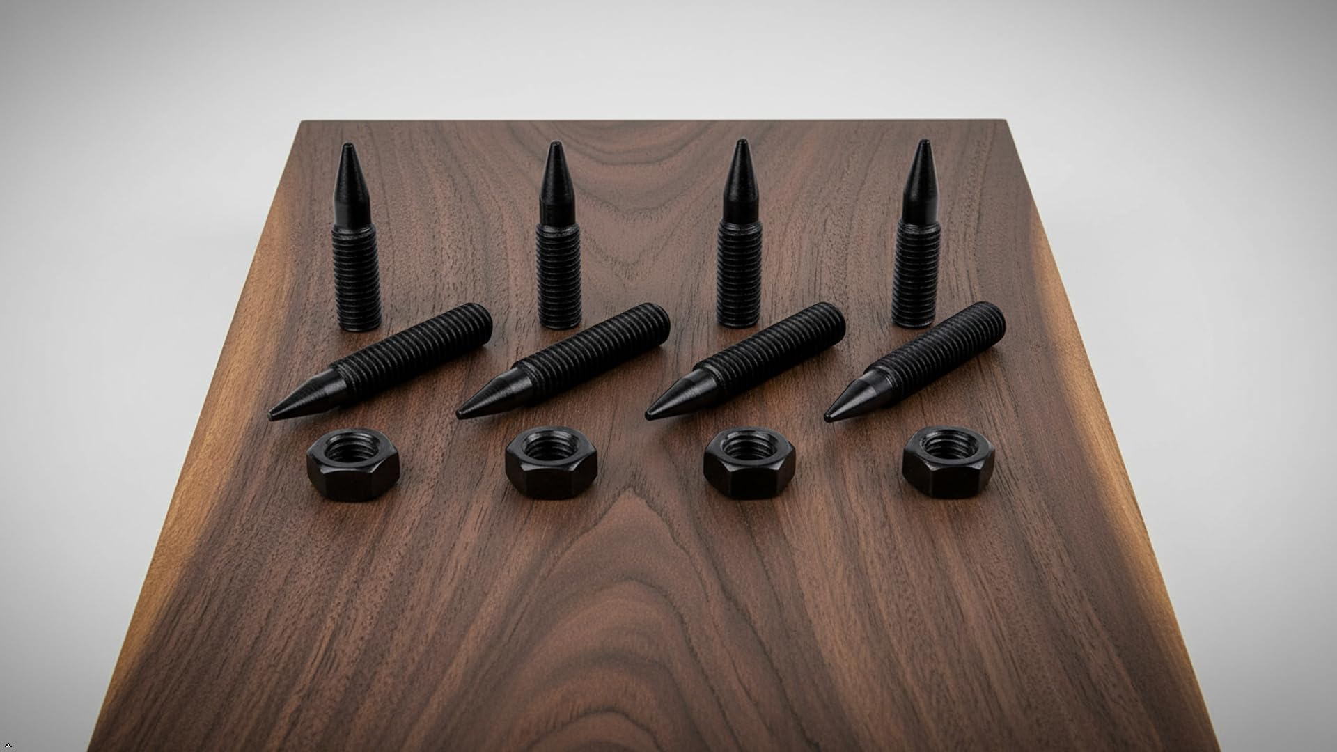 PrecisionGeek - M8 Pointes de Haut-Parleur (M8 x 45 mm | Acier Noirci) – Lot de 4 – Pointes HiFi Antivibrations et Pieds d’Isolation pour Enceintes, Amplificateurs, Caissons et Supports Audio