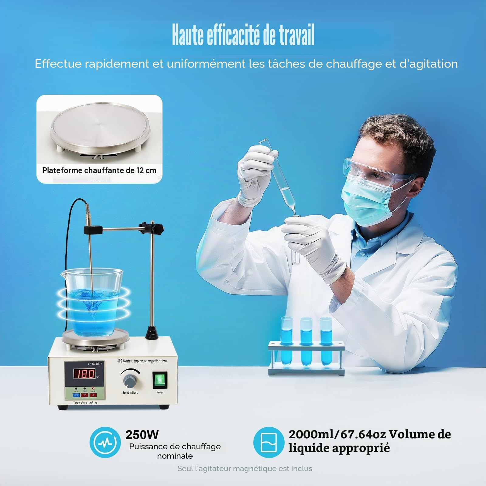 Mixeur Magnétique 250 W Plaque Chauffante Agitateur Magnétique 2000 ml Agitateur magnétique avec plaque chauffante pour Laboratoire