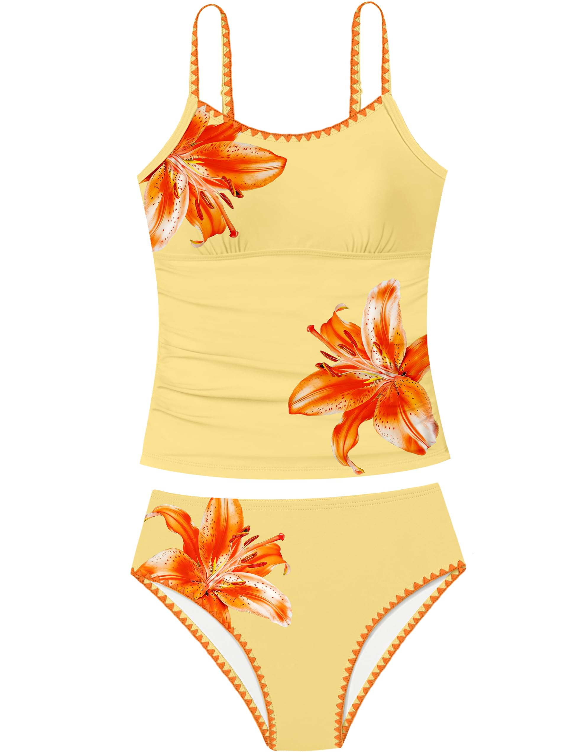 Girls Swimsuit Solid Color Tankini Contrast Trim Swimwear 2 Piece Bathing Suit Padded Swimsuits for Teens 9-16Y