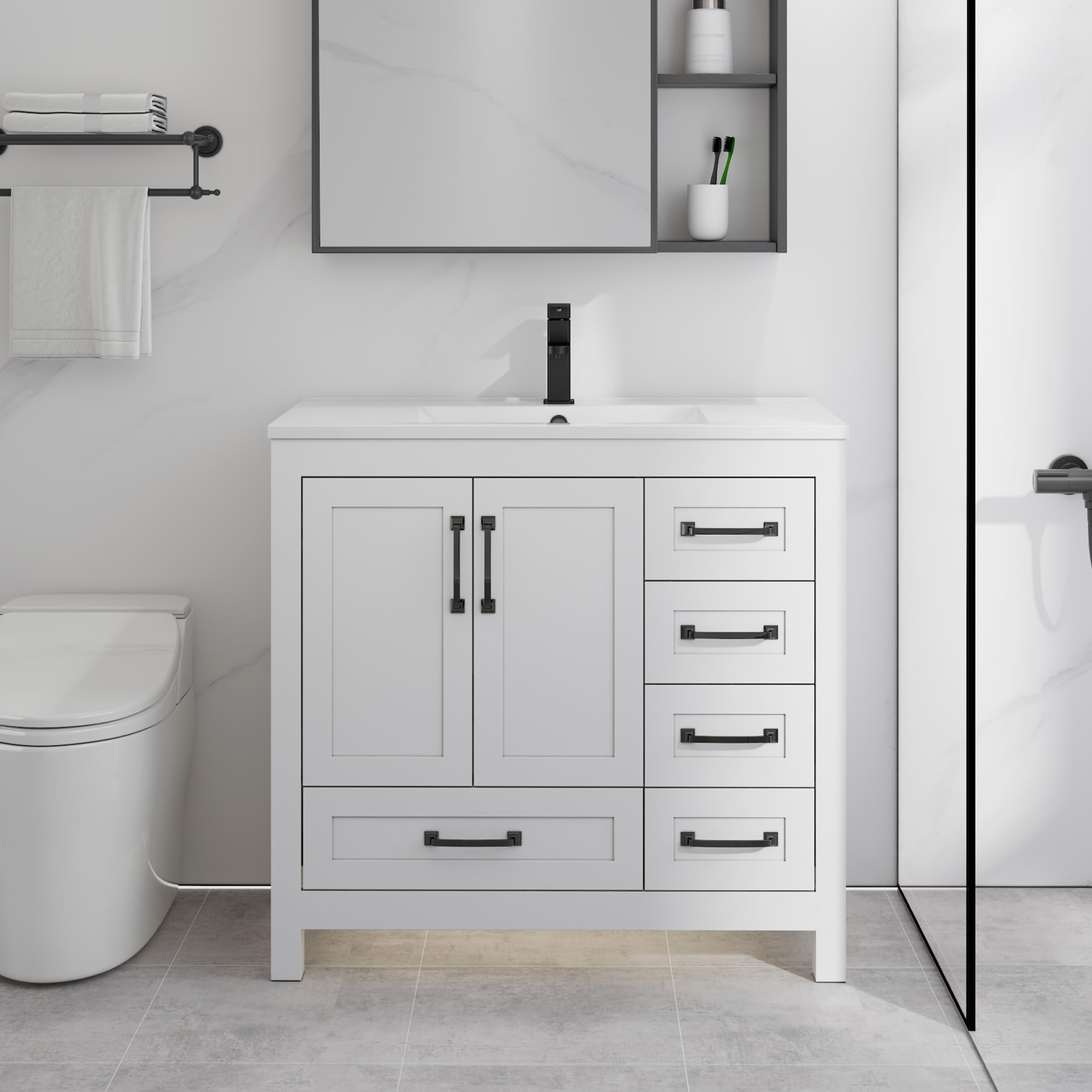 LUCKWIND 36" Bathroom Vanity and Sink Combos, Modern Bathroom Storage Cabinet with Large Sink, Matte Black Faucet and 5 Drawers, Mirror is NOT Included, White