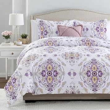 Bedduvit 100% Cotton Duvet Cover King Size - Purple Damask King Duvet Cover Set, Soft Cozy Paisley Pattern All Season Bedding Comforter Sets with Zipper Closure & 8 Ties 104"x90"