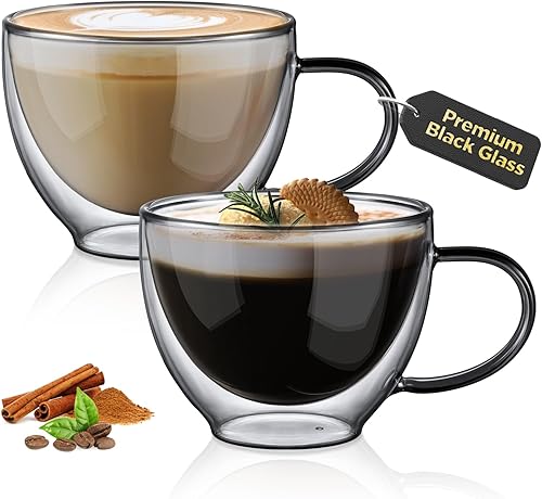 Miniatura 14 de ecooe Juego de 2 tazas de café de doble pared de 4 onzas, tazas de café de vidrio transparente con asa, taza de café aislada de borosilicato