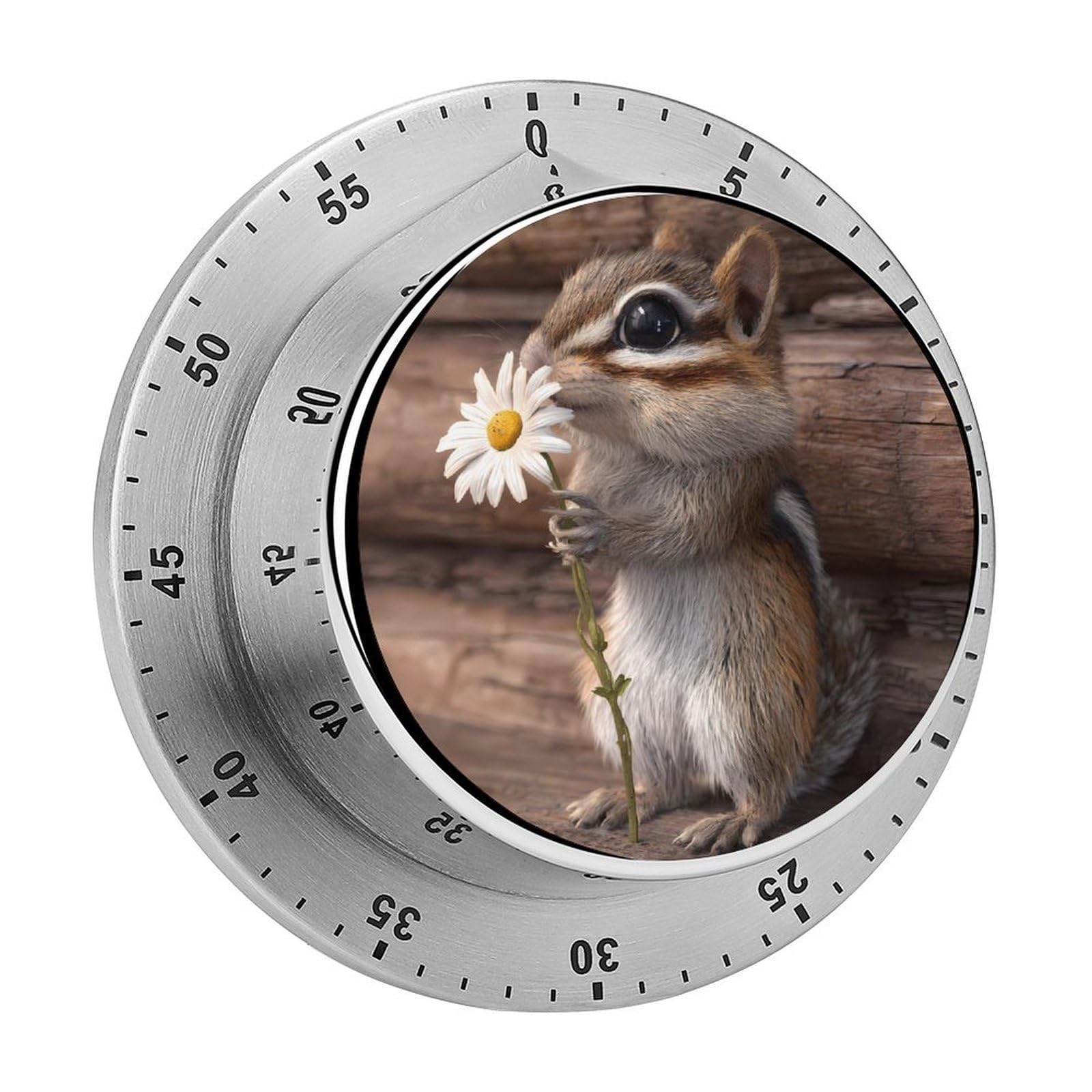 Chipmunk Holding Daisy Flower Mechanical Timer with Alarm for Kitchen Cooking Productivity Stainless Steel Timers