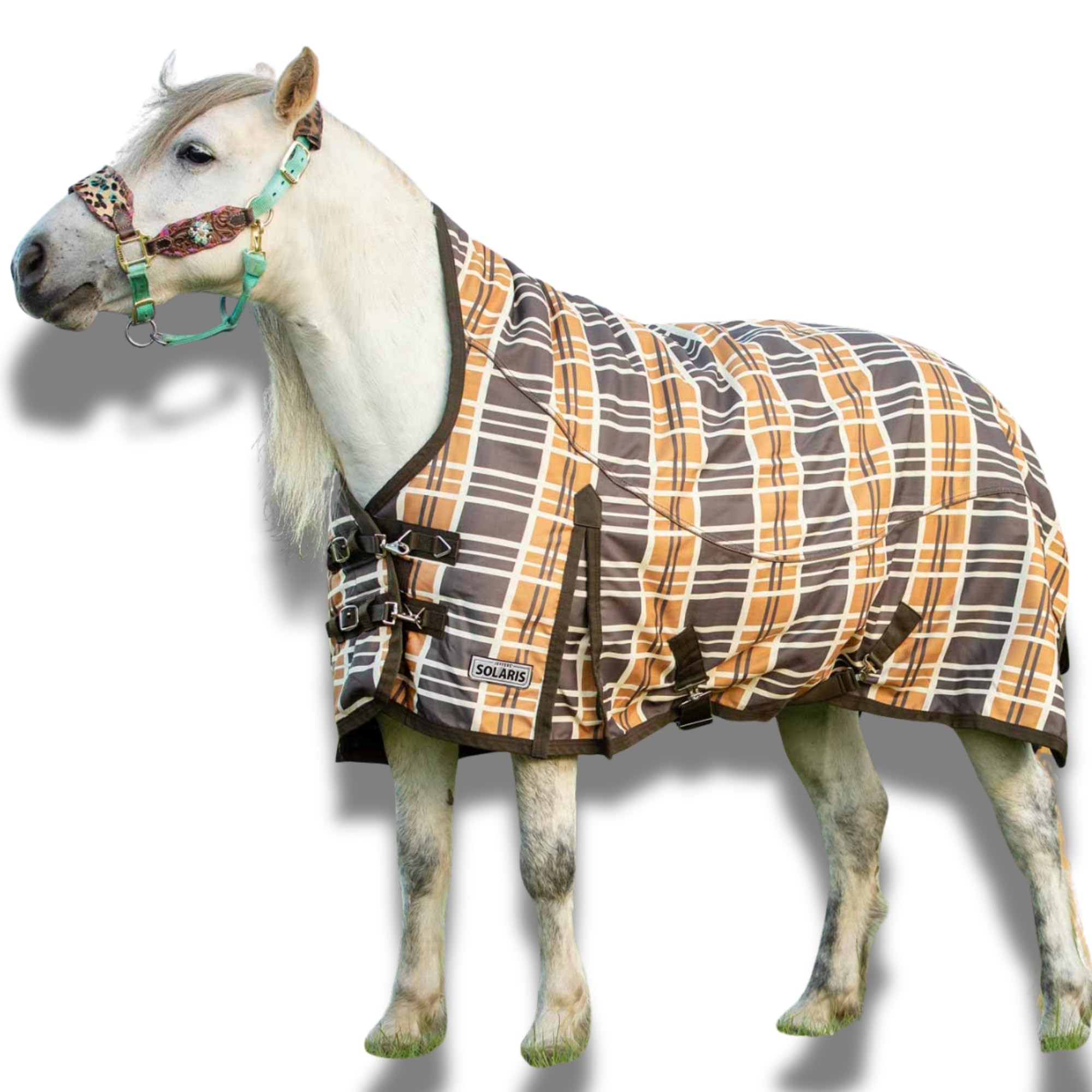 Jeffers Pony Poppins Solaris 1200 Denier Turnout Blanket with Extended Neck Design - Brown & Cream Plaid 42