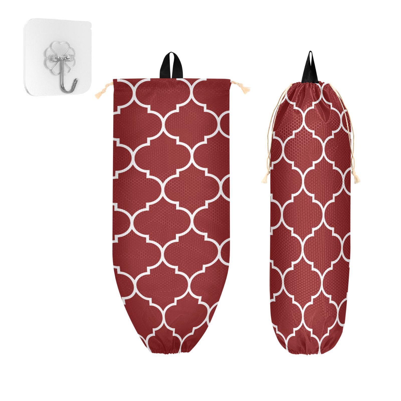 DOMIKING Moroccan Tile Wine Red Plastic Bag Holder Reusable Wall Mounted Grocery Bag Storage Organizers with Sticky Hook for Plastic Grocery Bags 2Pcs