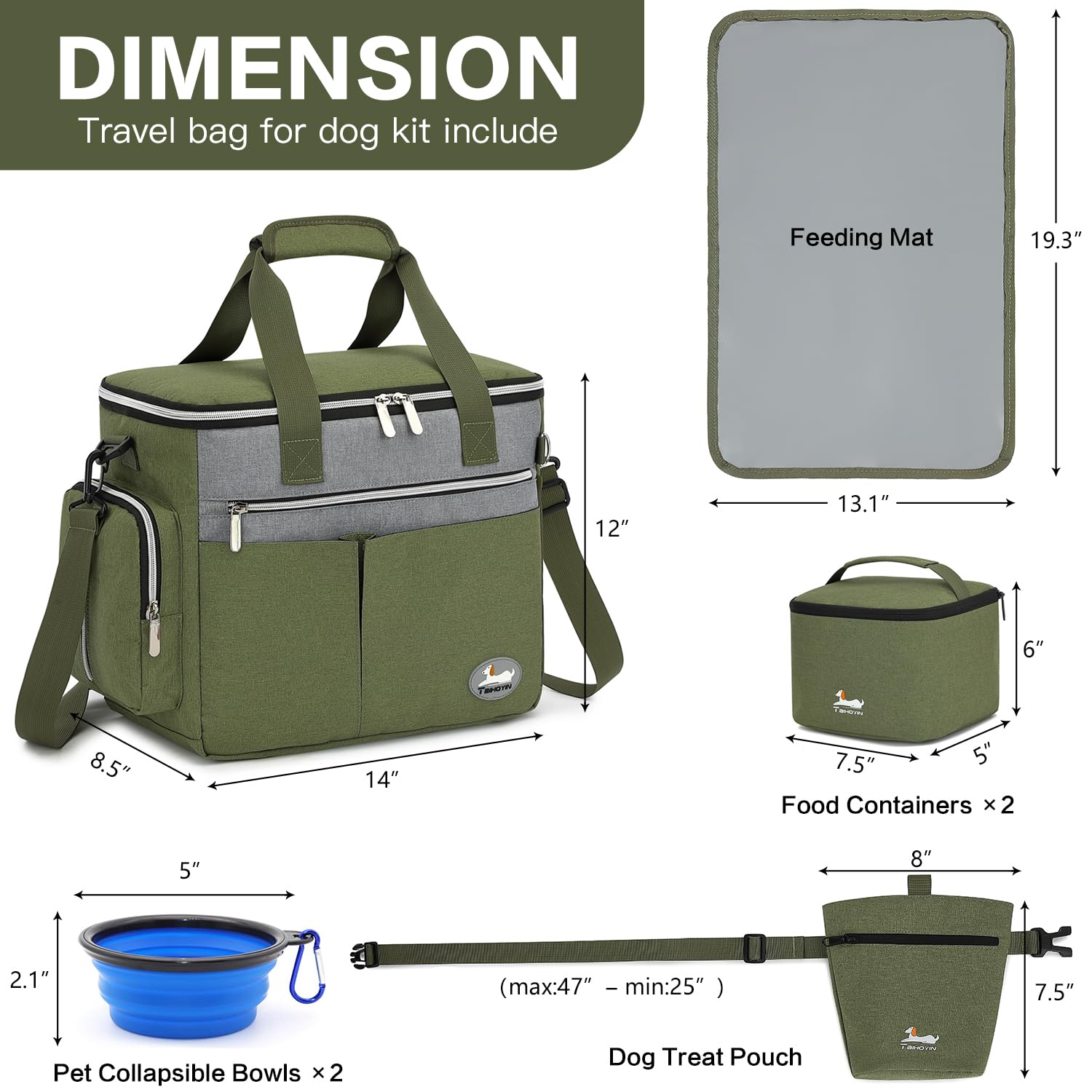 Hunde Reisetasche Flugzeug Haustier Reiseset für Hundezubehör mit 2 Futtertasche + 2 Zusammenklappbare Schüsseln + Fütterungsmatte + Hundeleckerli Tasche, Hundetragetasche für Unterwegs, Grün