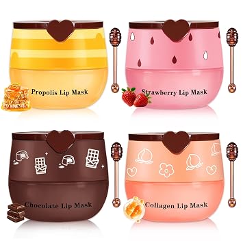 4 PCS Bee Lip Balm Honey Pot Hydrating & Preventing Dry Honey Balm Lip Balm Honey, Strawberry, Collagen, Chocolate Moisturizing Lip Sleeping Mask with Sticks