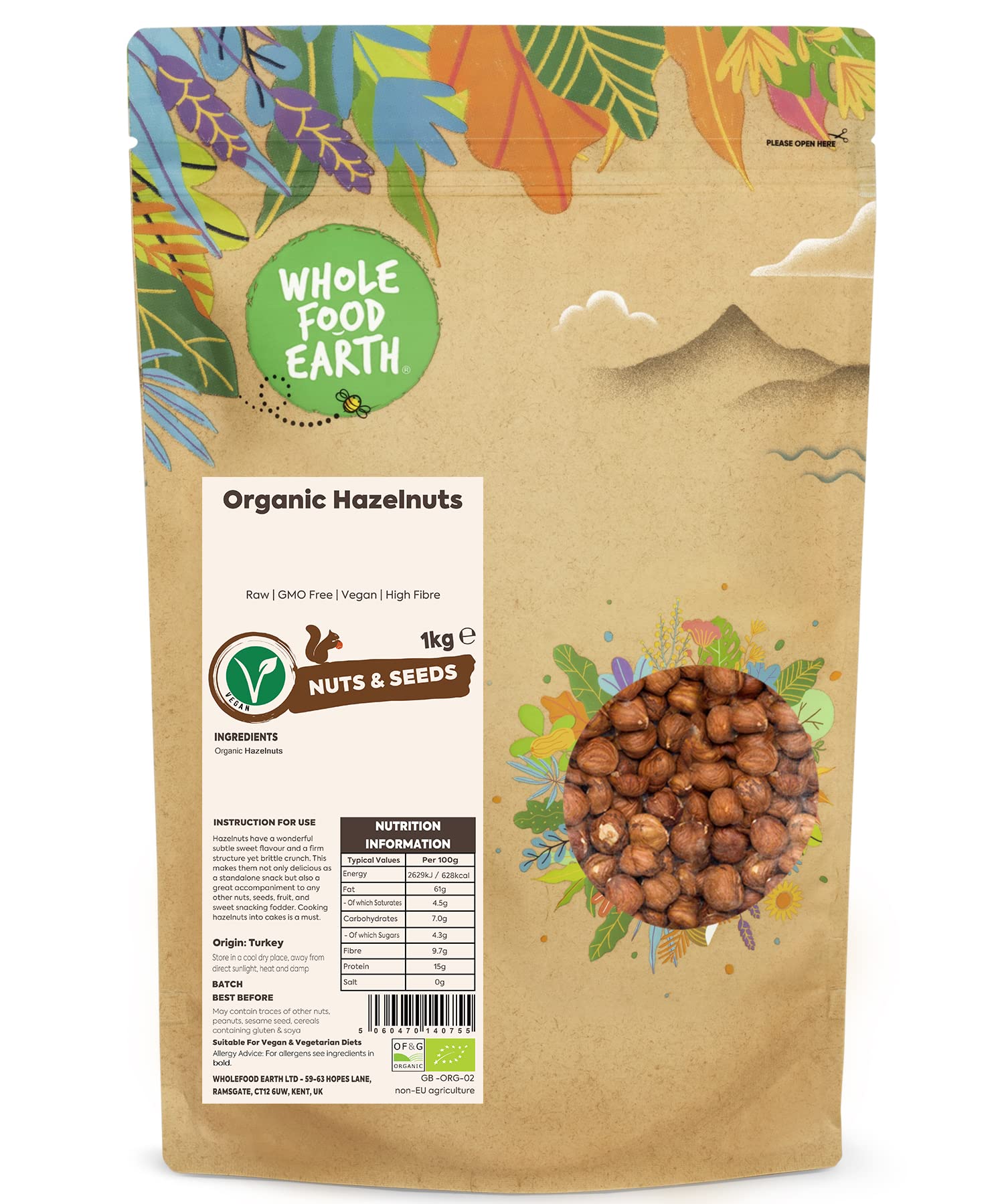 Wholefood Earth Organic Hazelnuts – 500g | Raw | GMO Free | Vegan | High Fibre | Certified Organic