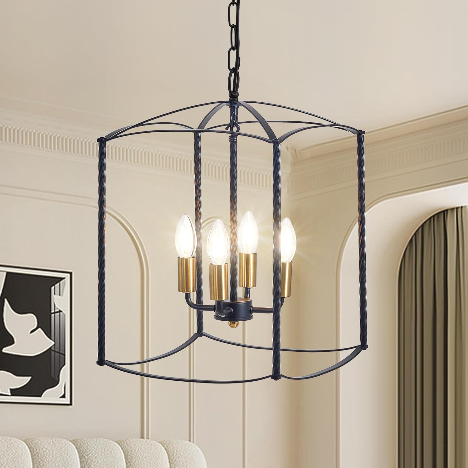 Industrial Black Chandelier 4-Light Lantern Pendant Lighting Fixture for Over Table Dining Room Kitchen Island Foyer Hallway,E12 Max 60W,12.60in