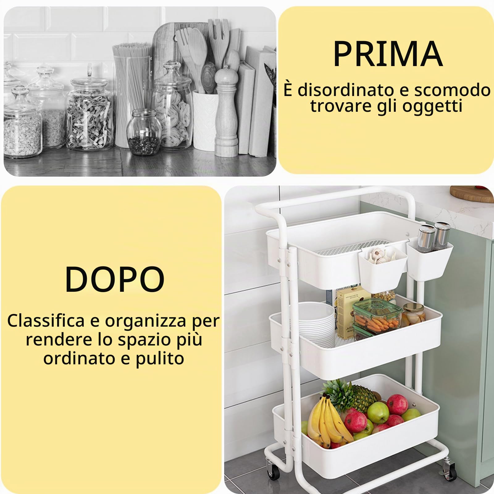Carrello Cucina a 3 Ripiani, Carrello con Ruote Portatutto Cucina, Carrellino Salvaspazio, Carrello Portaoggetti con 2 Scatole, Supporto in Metallo e Cestino Plastica, 39x36x80cm, Bianco