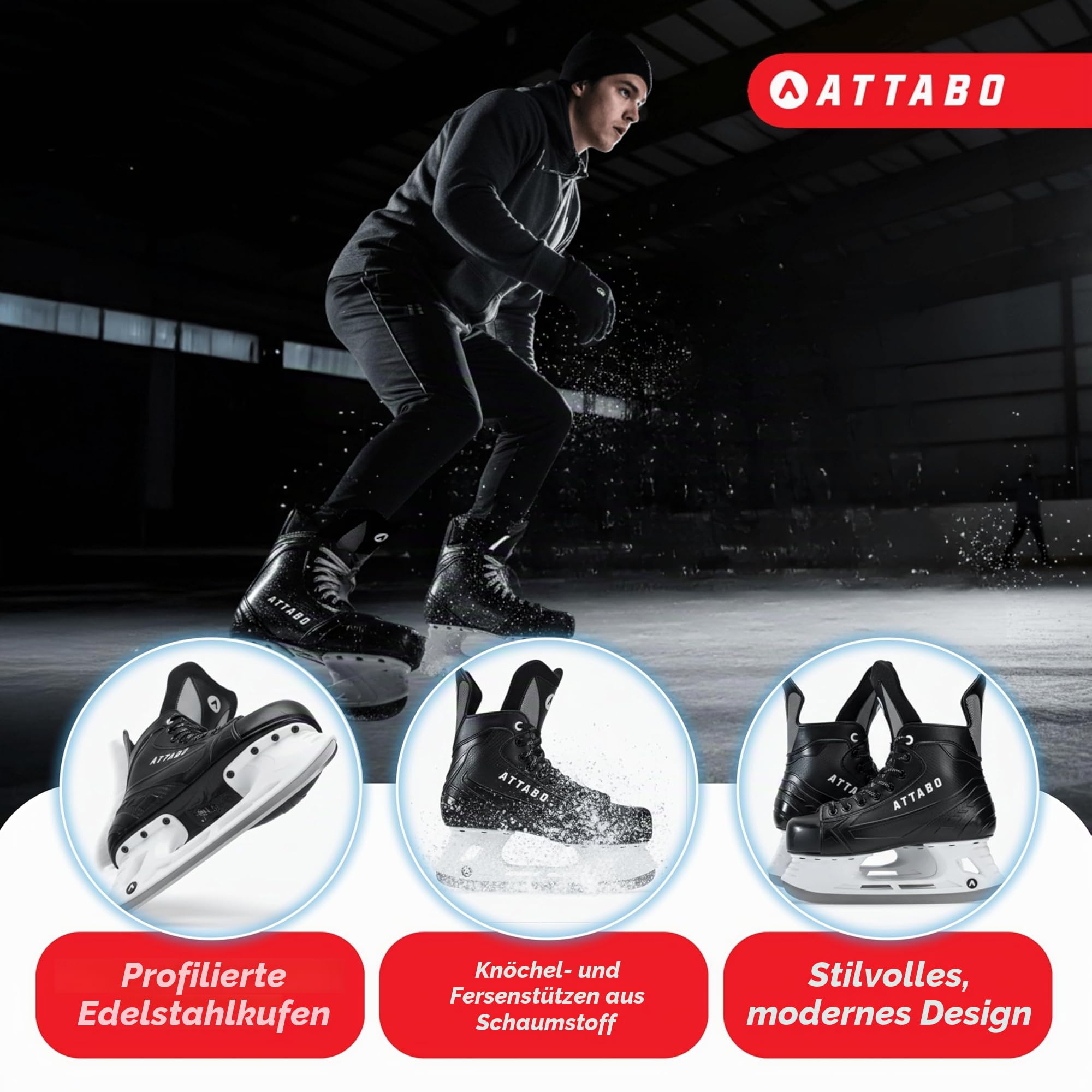 ATTABO Eishockey Schlittschuhe Herren Blade in Schwarz Größe 39 EU Langlebige Edelstahlkufe Stabiler Knöchelschutz Schnürverschluss Komfortabel und langlebig für Fortgeschrittene