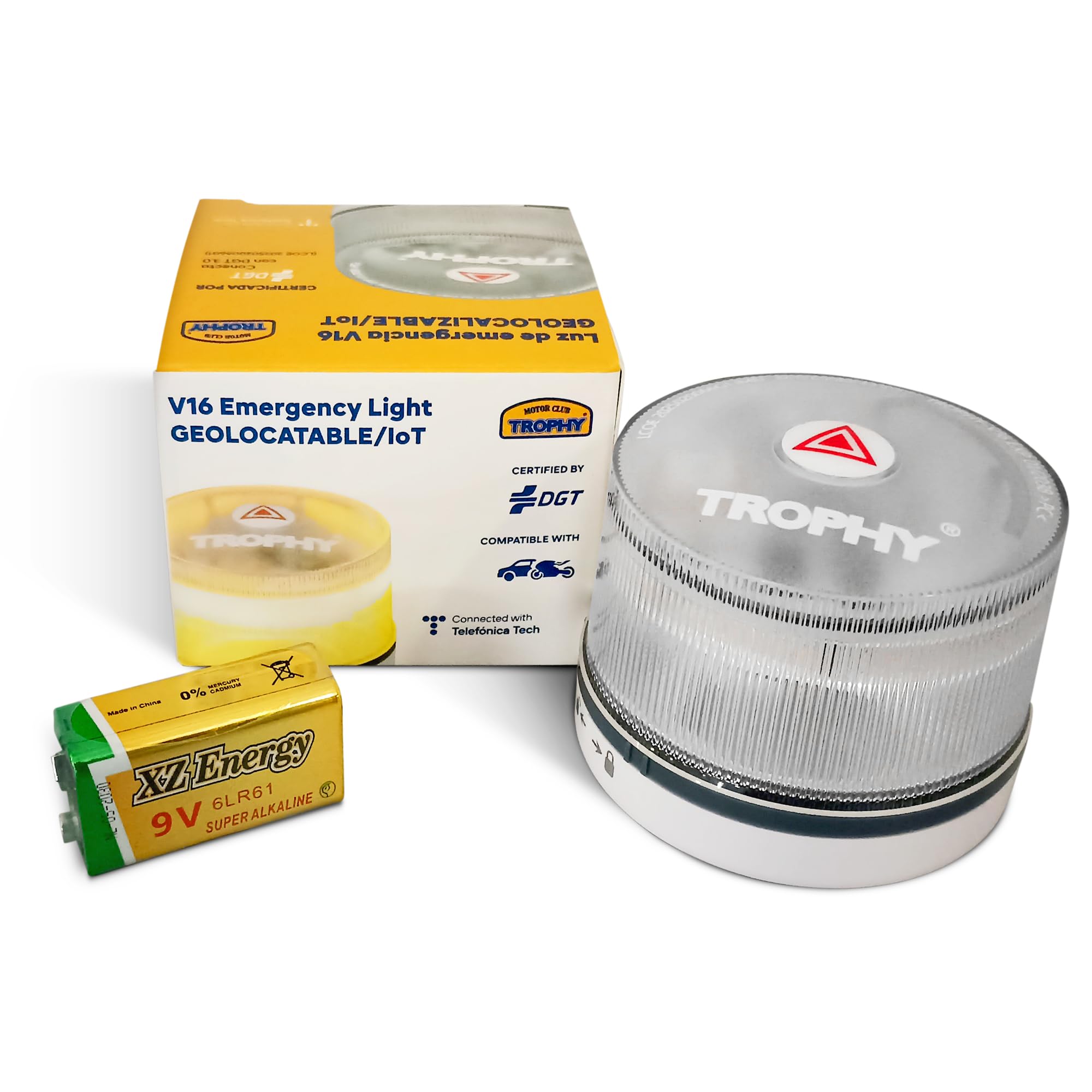 Pack 2 Baliza V16 Homologada DGT 3.0 con Geolocalización + Chaleco + Bolsa | Kit Emergencia Coche | Luz LED 360° 1 km | Pila 9V | DGT 2026–2038 Sin Suscripción