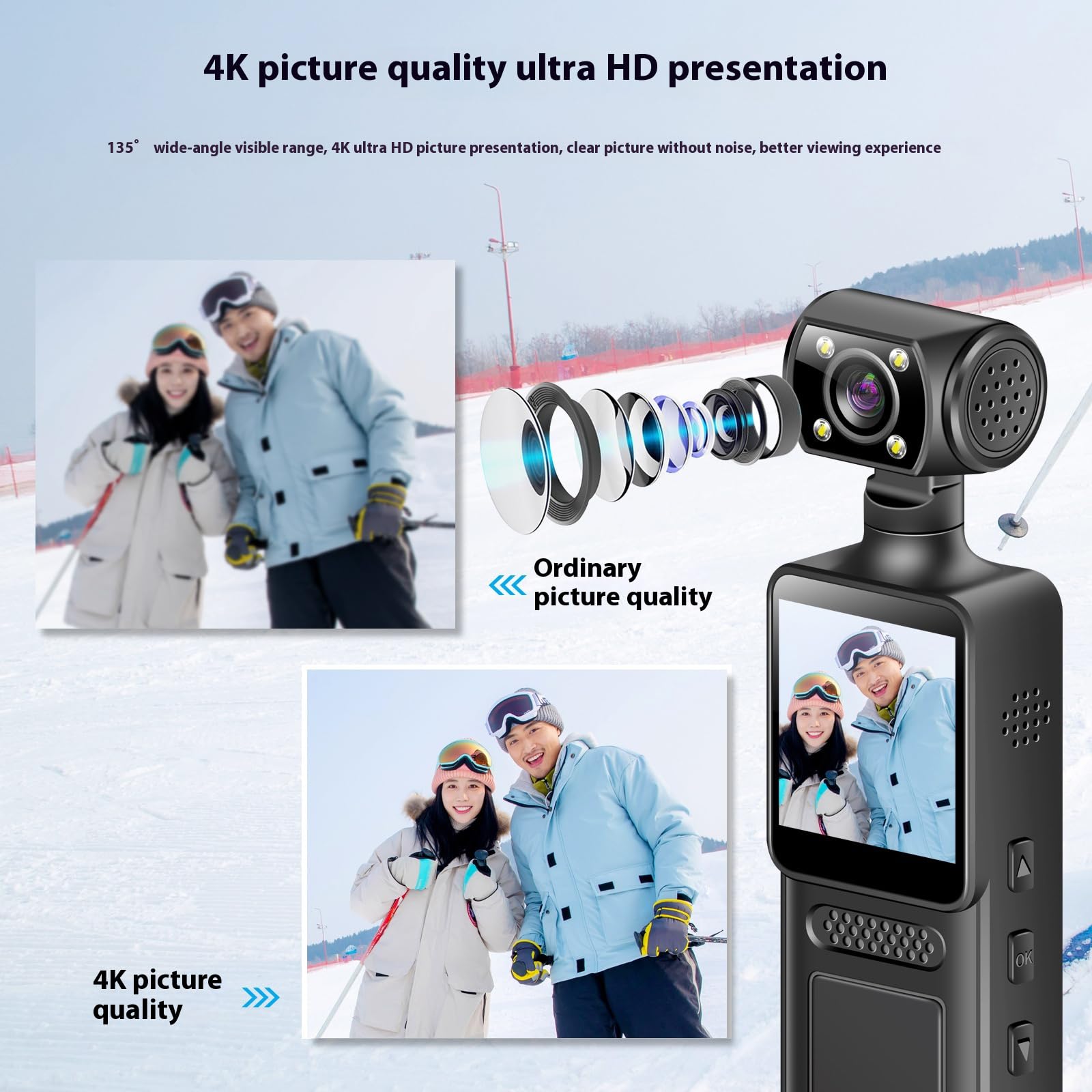 Cámara de vídeo de mano 4K con estabilizador y pantalla LCD, lente giratoria de 180° para deportes al aire libre, grabadora de acción de equitación