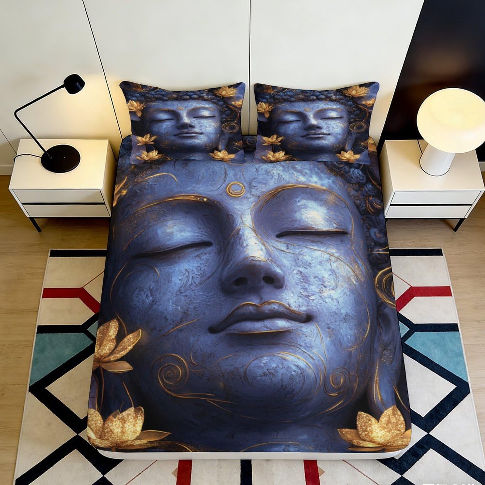 3D Printed Buddha Face Fitted Sheet Microfiber Soft Lotus Flower Mattress Cover for Bedroom Dorm Mattress Protection Decor 120x200x25cm