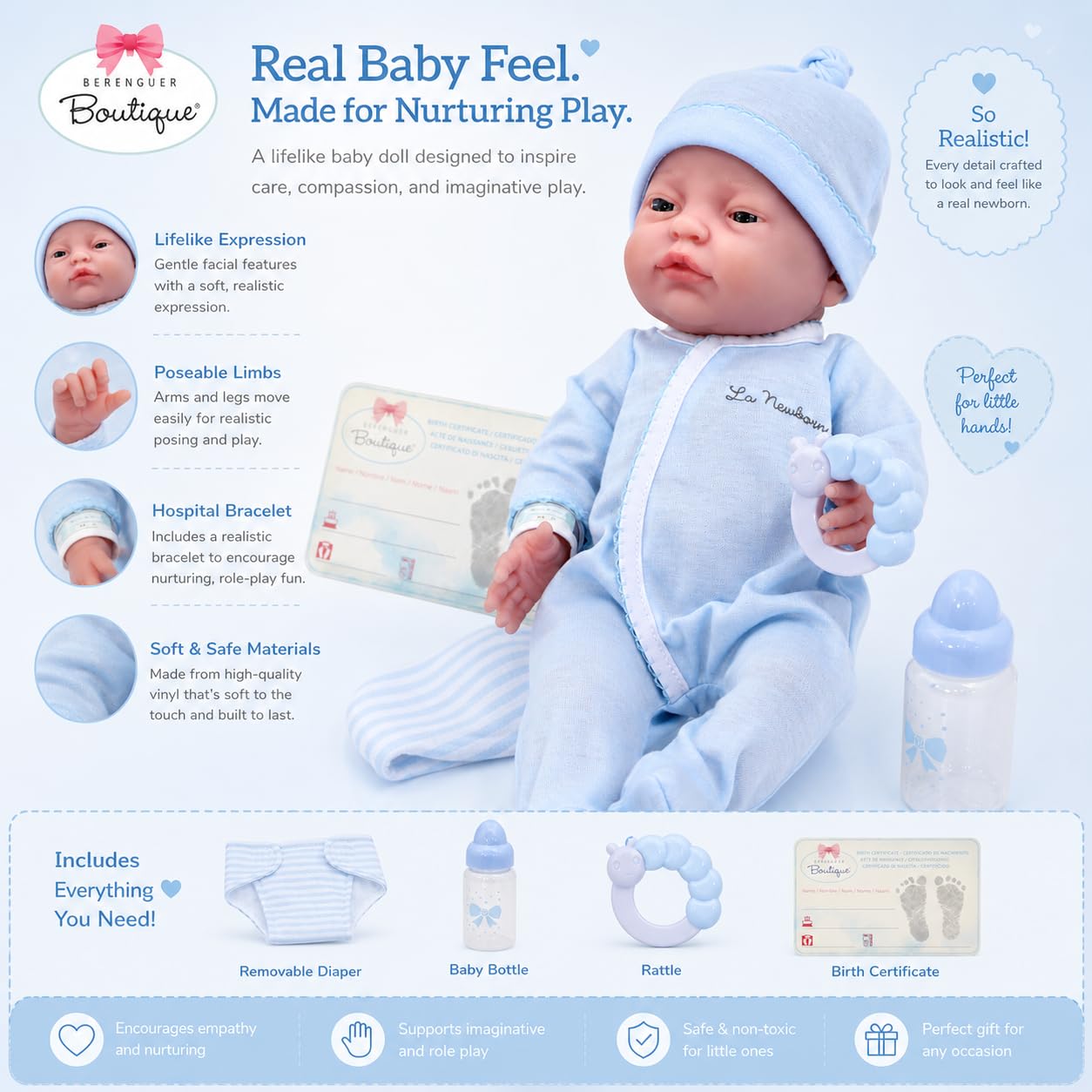 JC Toys Set regalo di 6 bambole realistiche La Neonato Classic | Bambola realistica da 43,2 cm con accessori | Blu | Età 2+ | Prodotto in Spagna