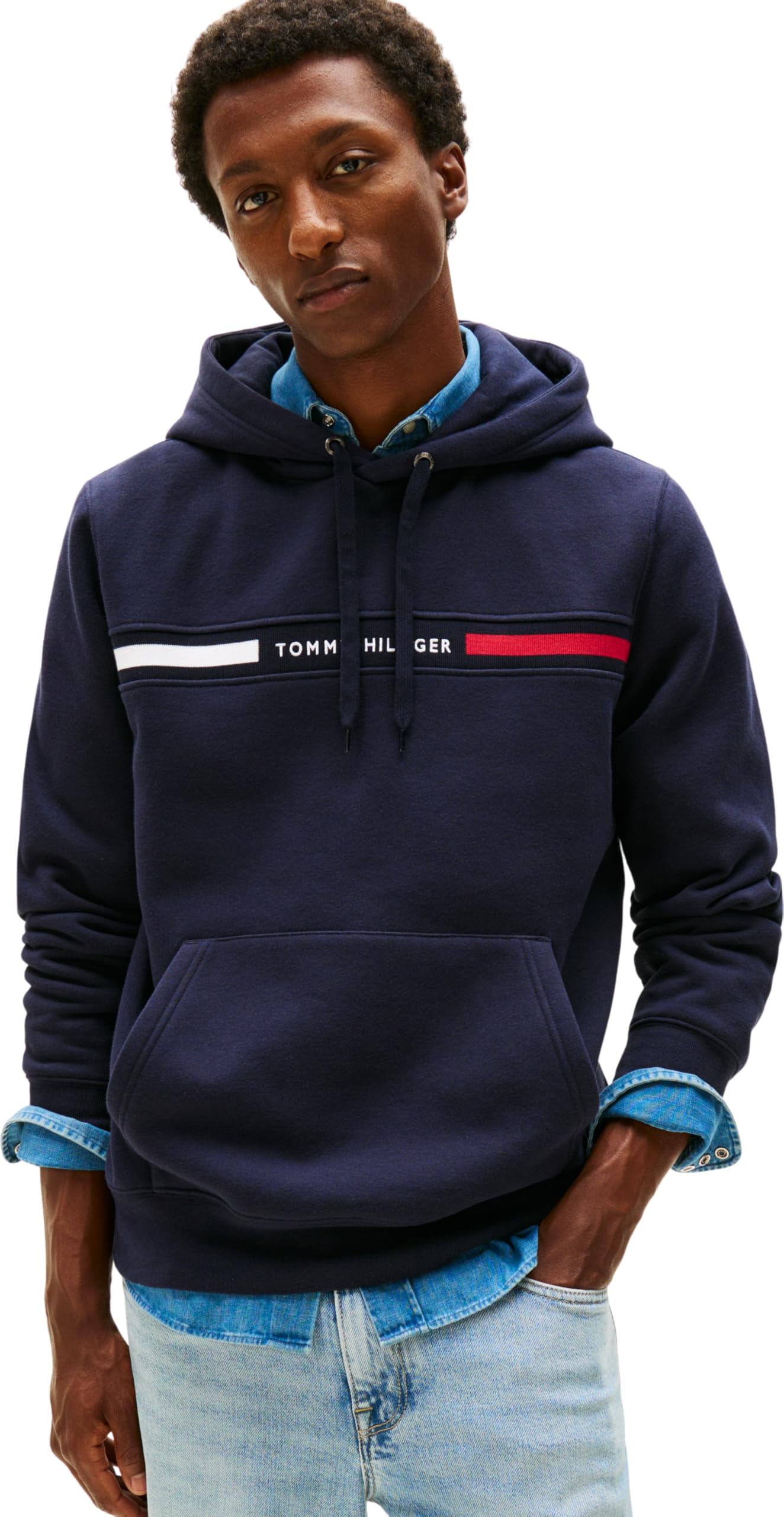 Tommy Hilfiger Men's Blue (Desert Sky) ’S Chest Insert Hoodie With Kangaroo Pocket, S