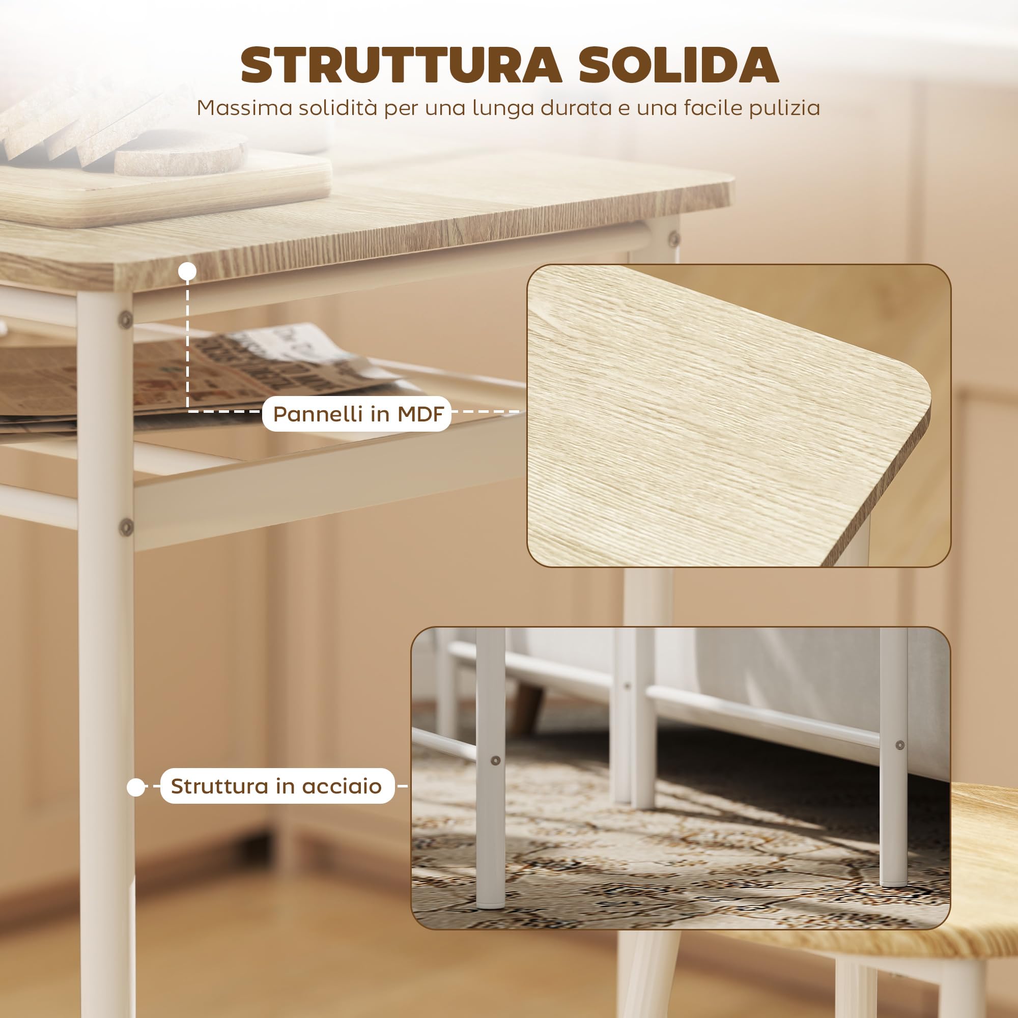 HOMCOM Set Bancone Bar con 2 Sgabelli Alti in Legno Stile Nordico, Tavolo Alto con Mensola e Sgabelli Cucina con Poggiapiedi, Bianco
