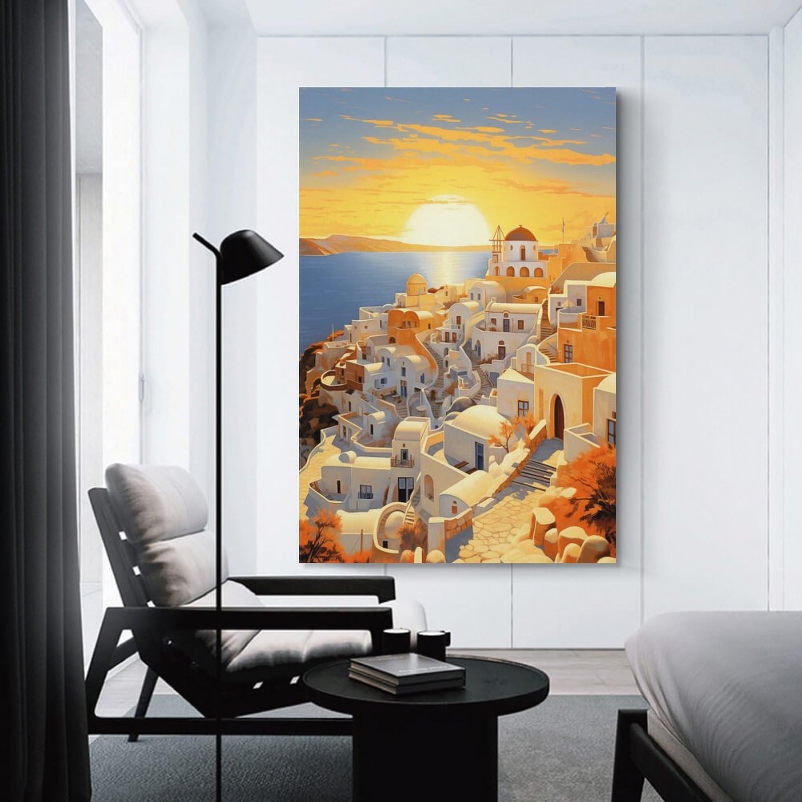 Junmoney Santorini Village at Sunset Decorative Wall Artwork 24x36inch(60x90cm), for Living Room, Lounge Or Sitting Room, A Home Accent with Warm Character